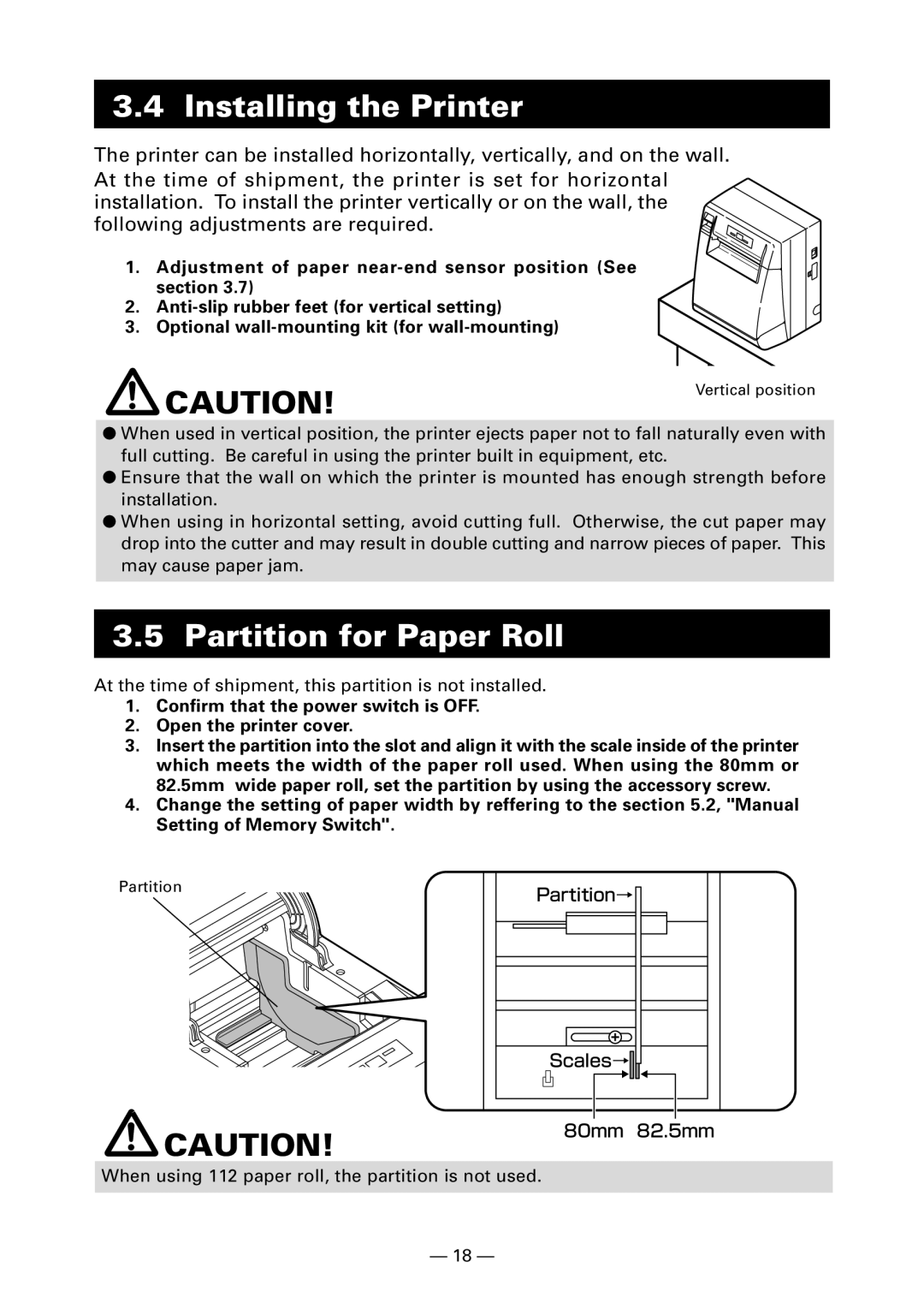 Citizen Systems CT-S4000DC user manual Installing the Printer, Partition for Paper Roll 