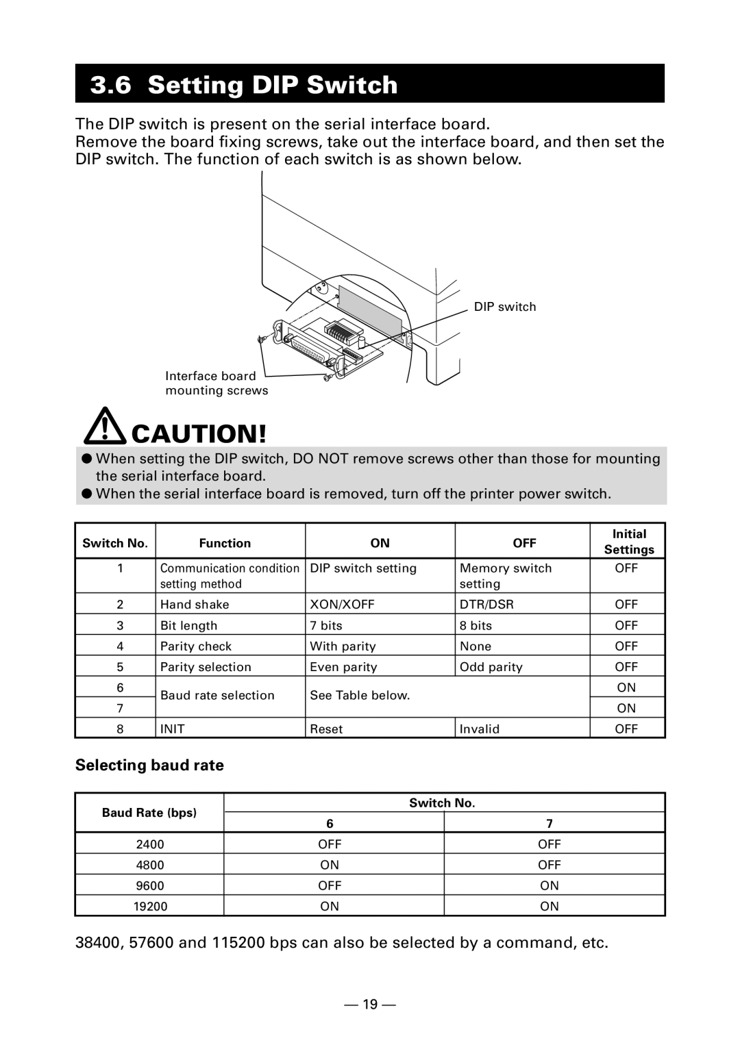 Citizen Systems CT-S4000DC Setting DIP Switch, Switch No Function, Initial, Settings, Baud Rate bps Switch No 