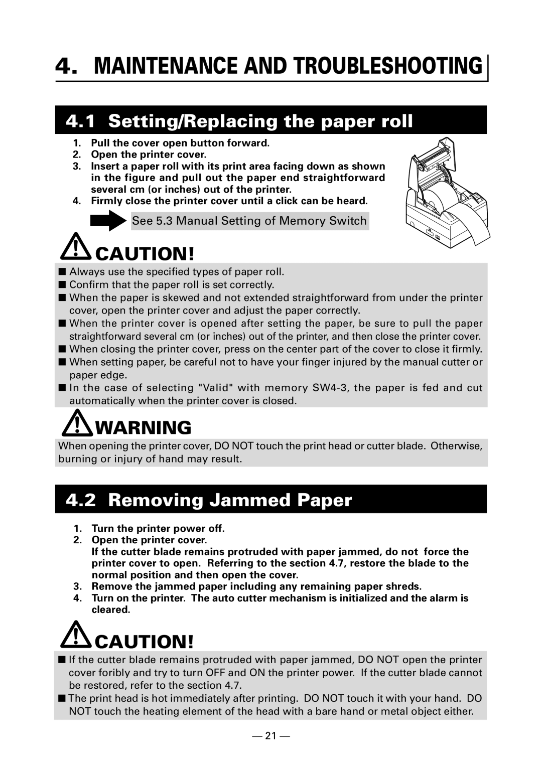 Citizen Systems CT-S4000DC user manual Setting/Replacing the paper roll, Removing Jammed Paper 