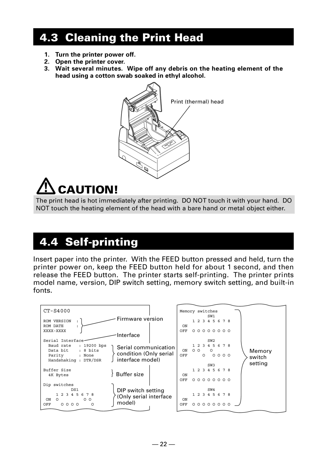 Citizen Systems CT-S4000DC user manual Cleaning the Print Head, Self-printing 