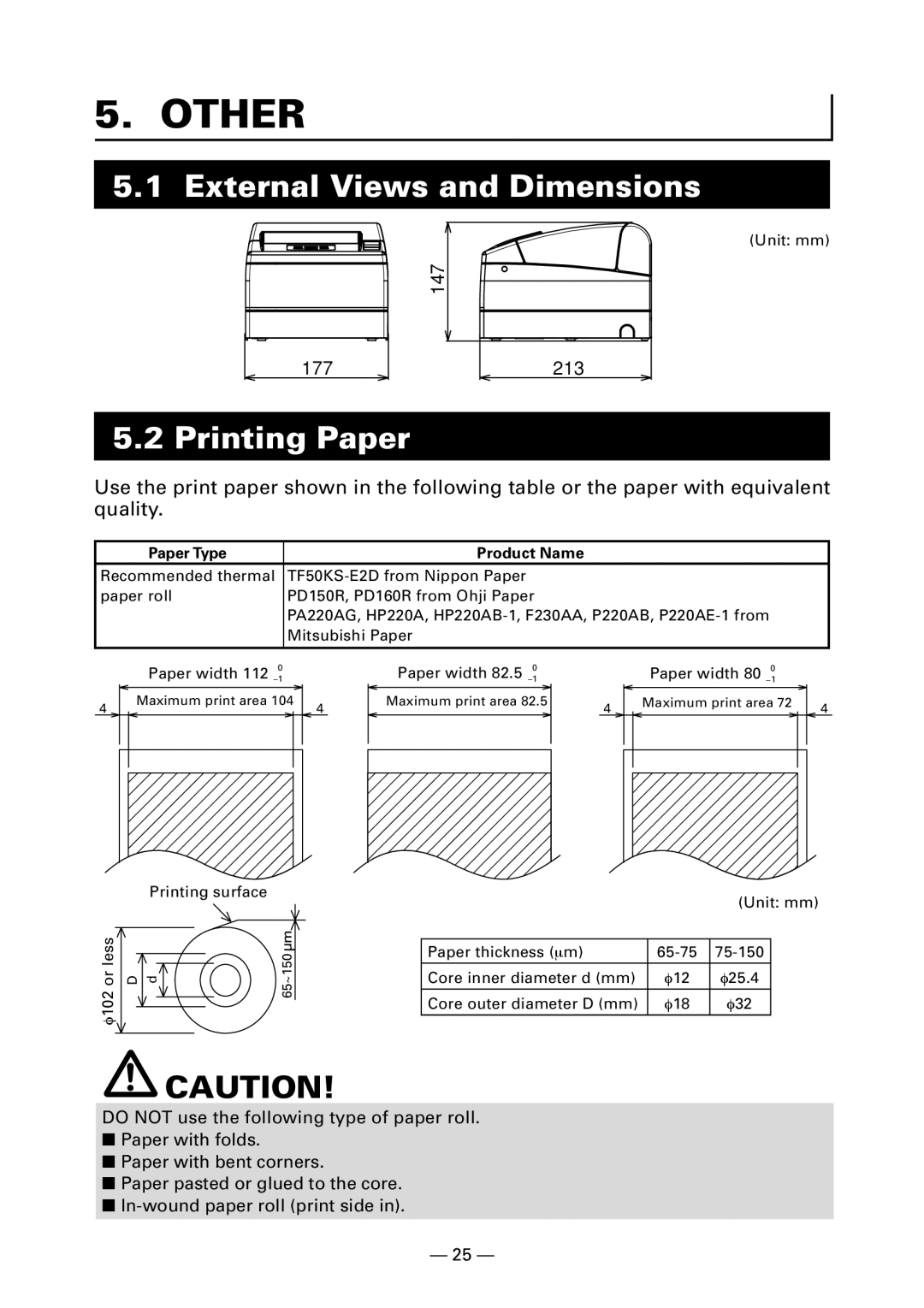 Citizen Systems CT-S4000DC user manual Other, External Views and Dimensions, Printing Paper, Paper Type Product Name 