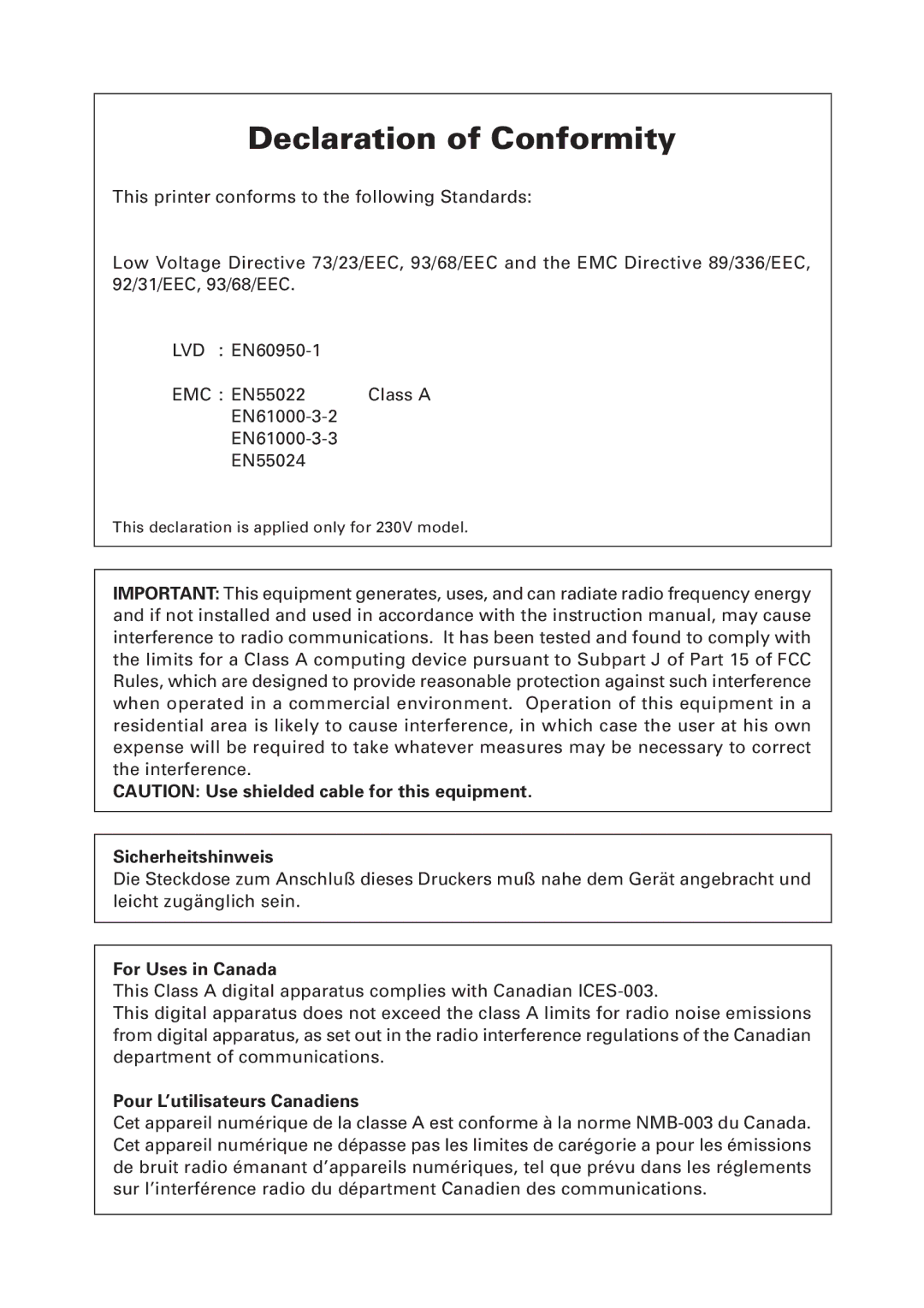 Citizen Systems CT-S4000DC user manual Sicherheitshinweis, For Uses in Canada, Pour L’utilisateurs Canadiens 