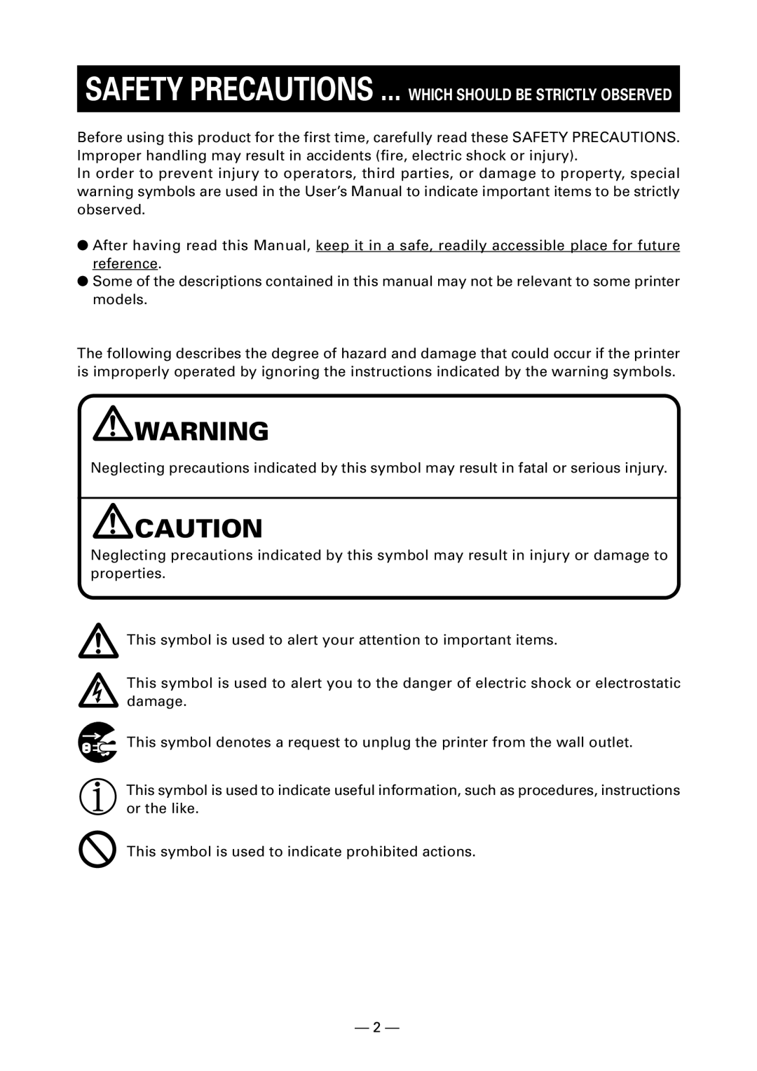 Citizen Systems CT-S4000DC user manual Safety Precautions ... Which should be Strictly Observed 