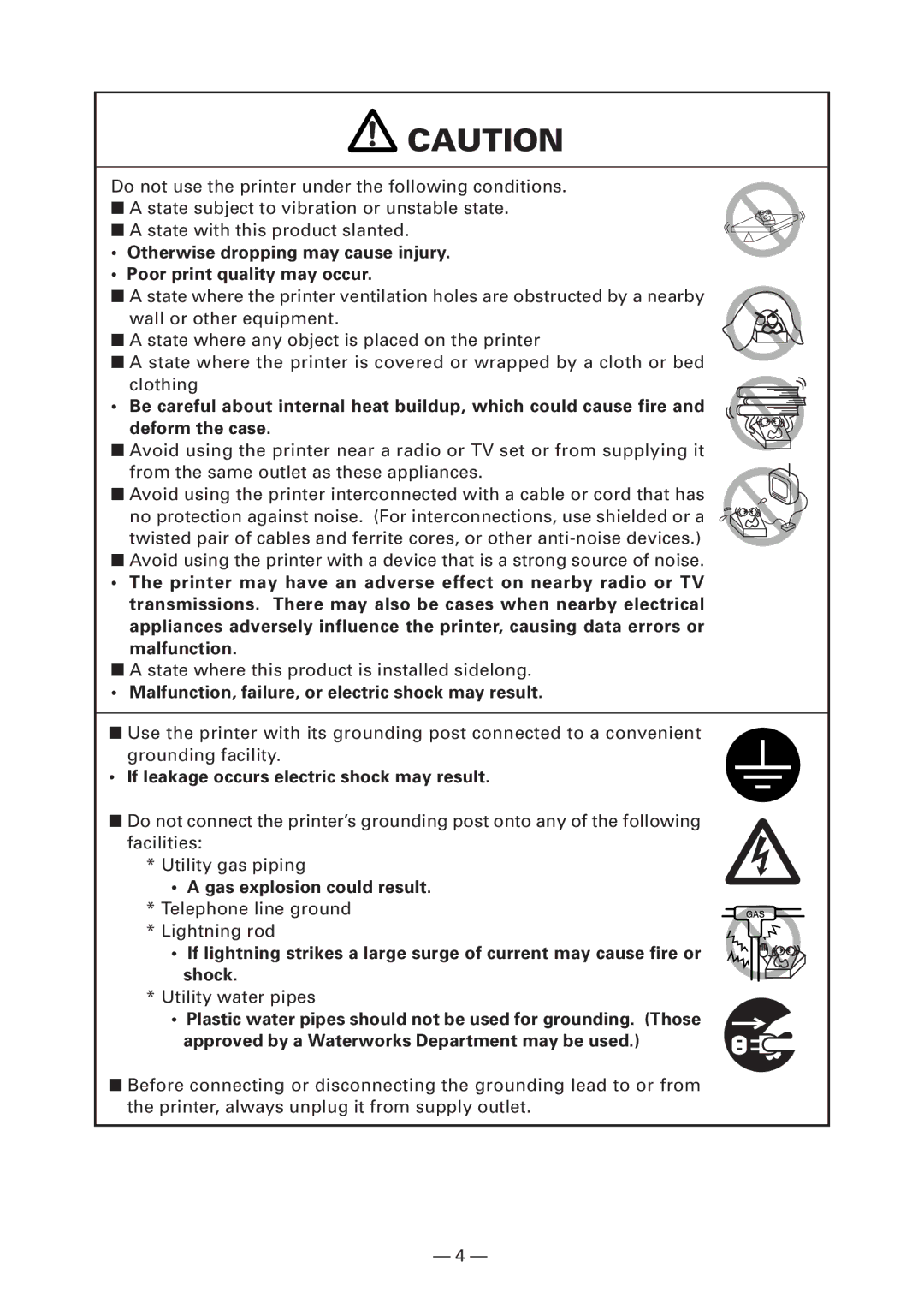 Citizen Systems CT-S4000DC Malfunction, failure, or electric shock may result, If leakage occurs electric shock may result 