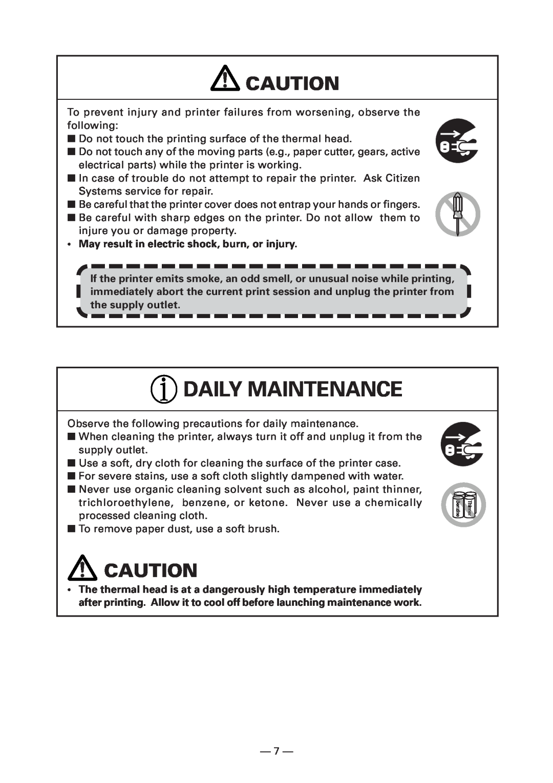 Citizen Systems CT-S4000DC user manual Daily Maintenance, May result in electric shock, burn, or injury 