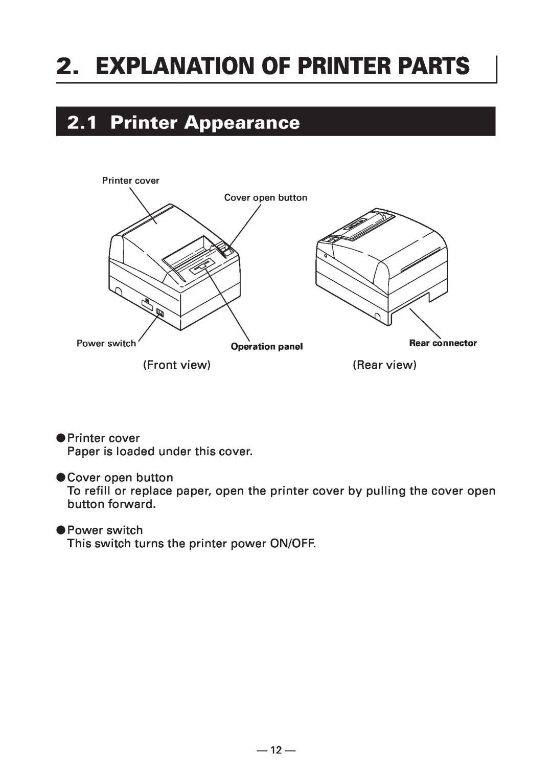 Citizen Systems CT-S4000DC user manual Explanation Of Printer Parts, Printer Appearance, Operation panel, Rear connector 