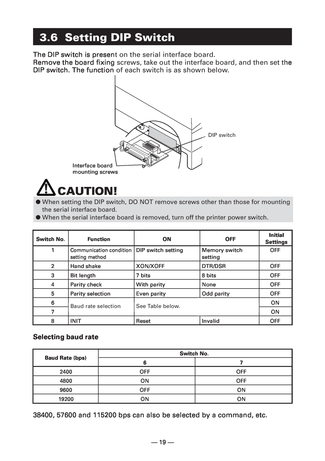 Citizen Systems CT-S4000DC user manual Setting DIP Switch, Selecting baud rate 