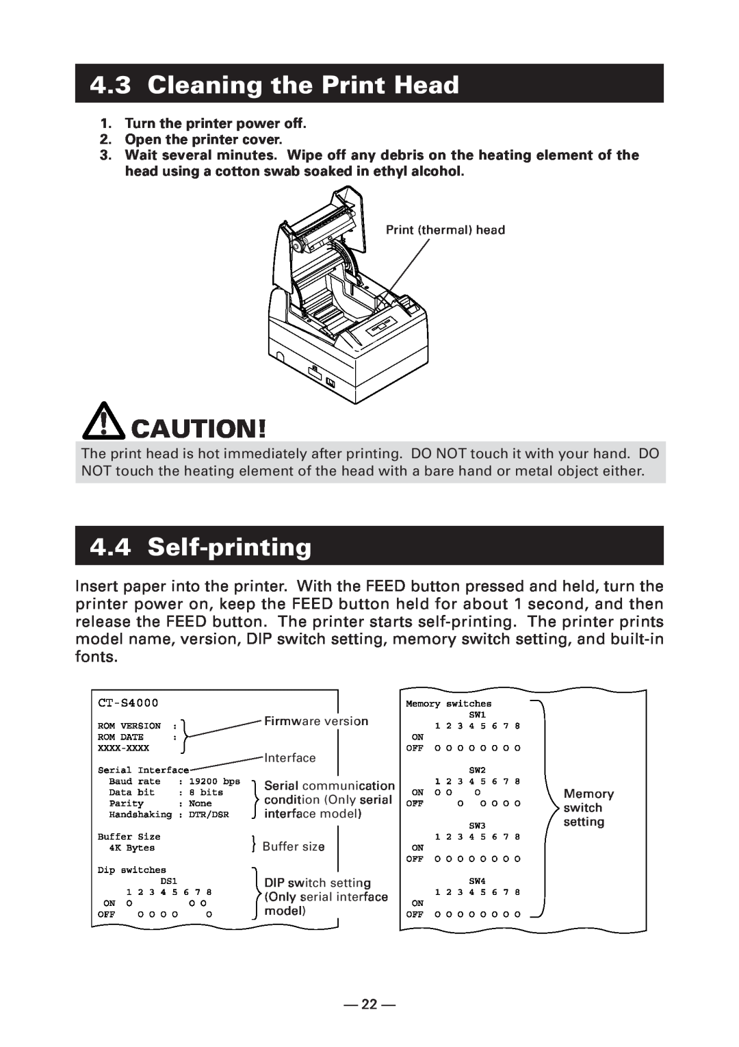 Citizen Systems CT-S4000DC user manual Cleaning the Print Head, Self-printing, Buffer size 