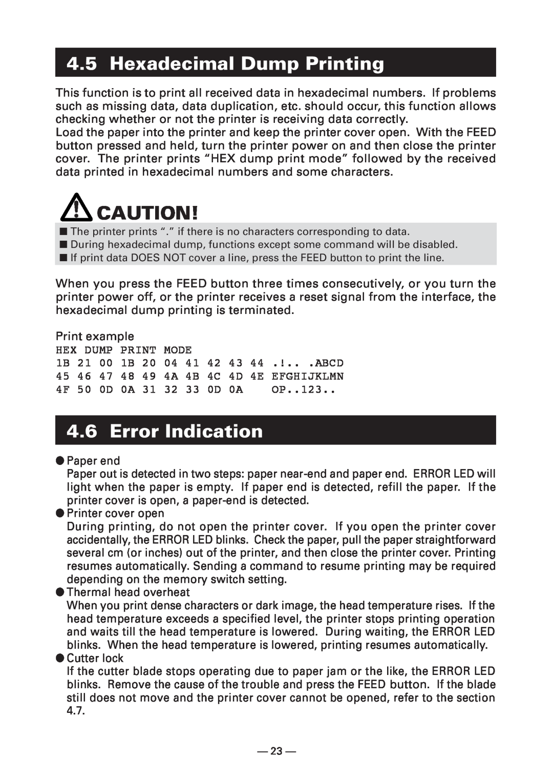 Citizen Systems CT-S4000DC user manual Hexadecimal Dump Printing, Error Indication 
