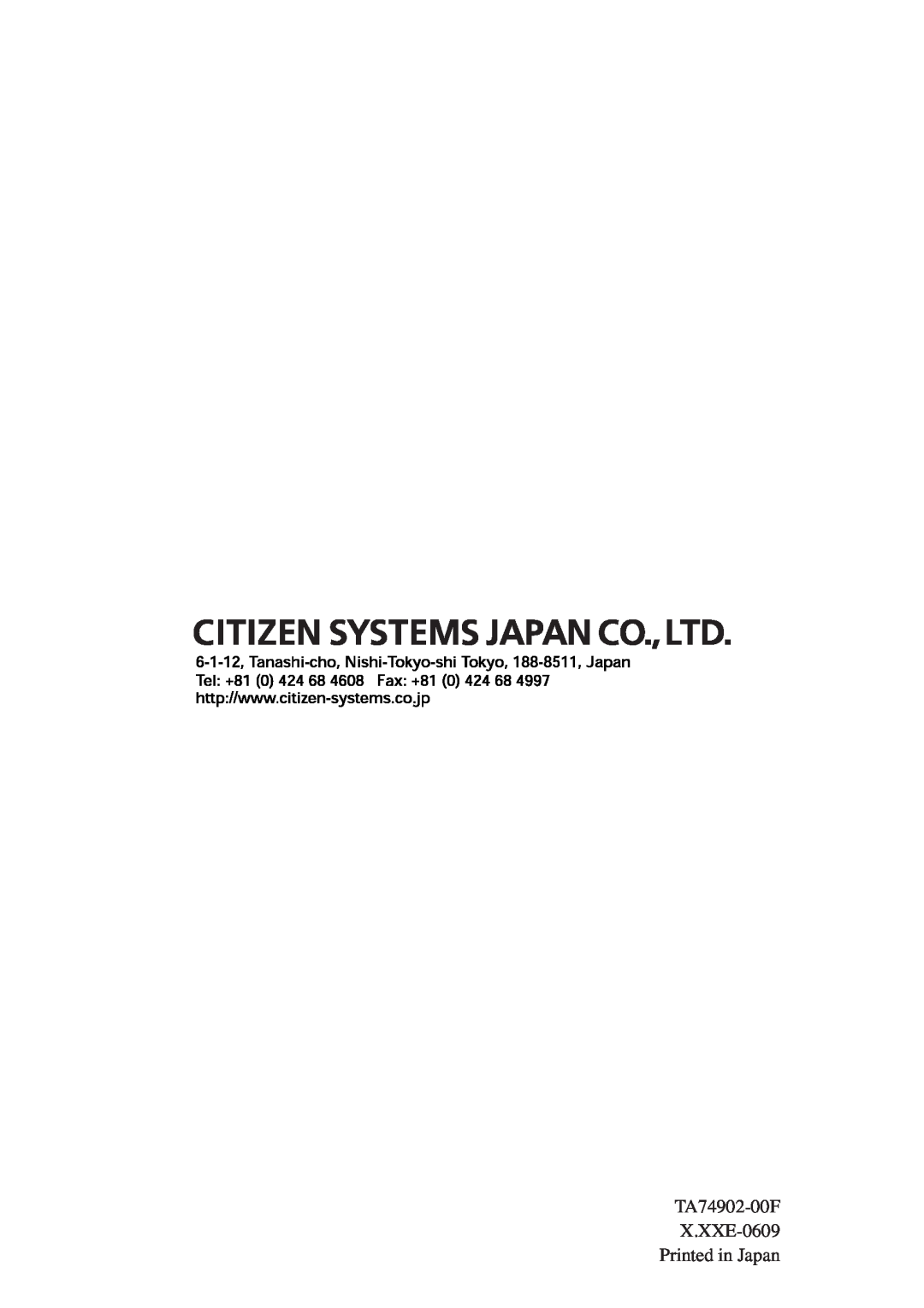 Citizen Systems CT-S4000DC user manual TA74902-00F X.XXE-0609 Printed in Japan 