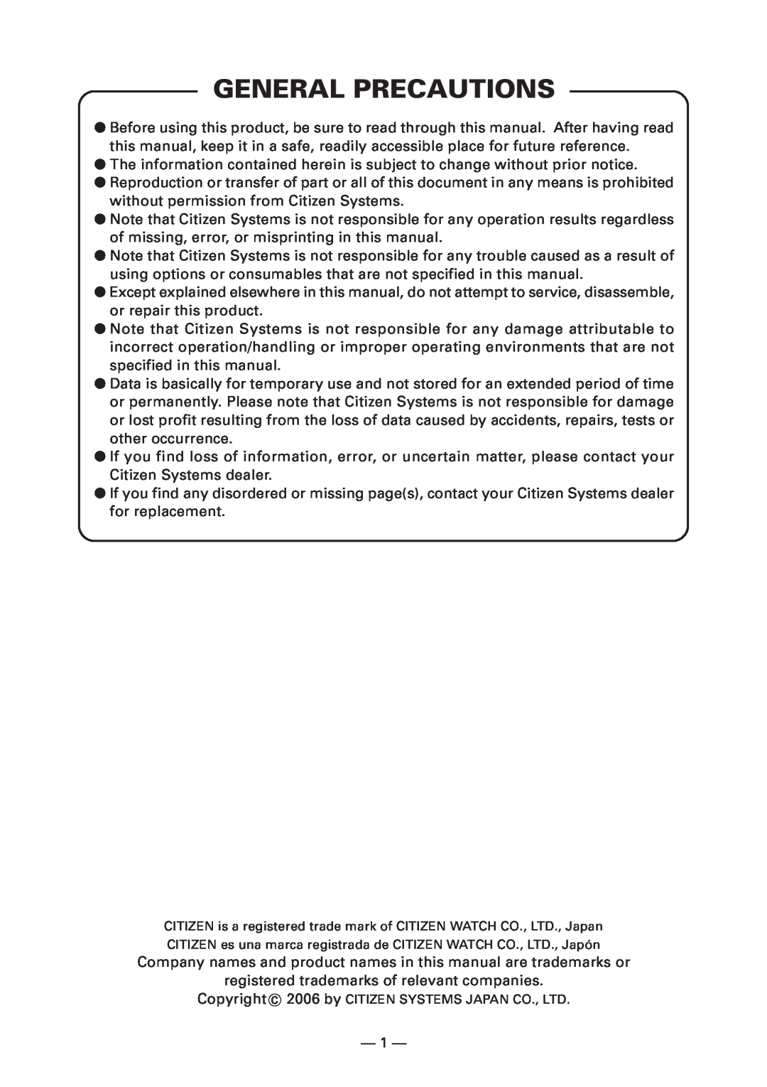Citizen Systems CT-S4000DC user manual General Precautions 