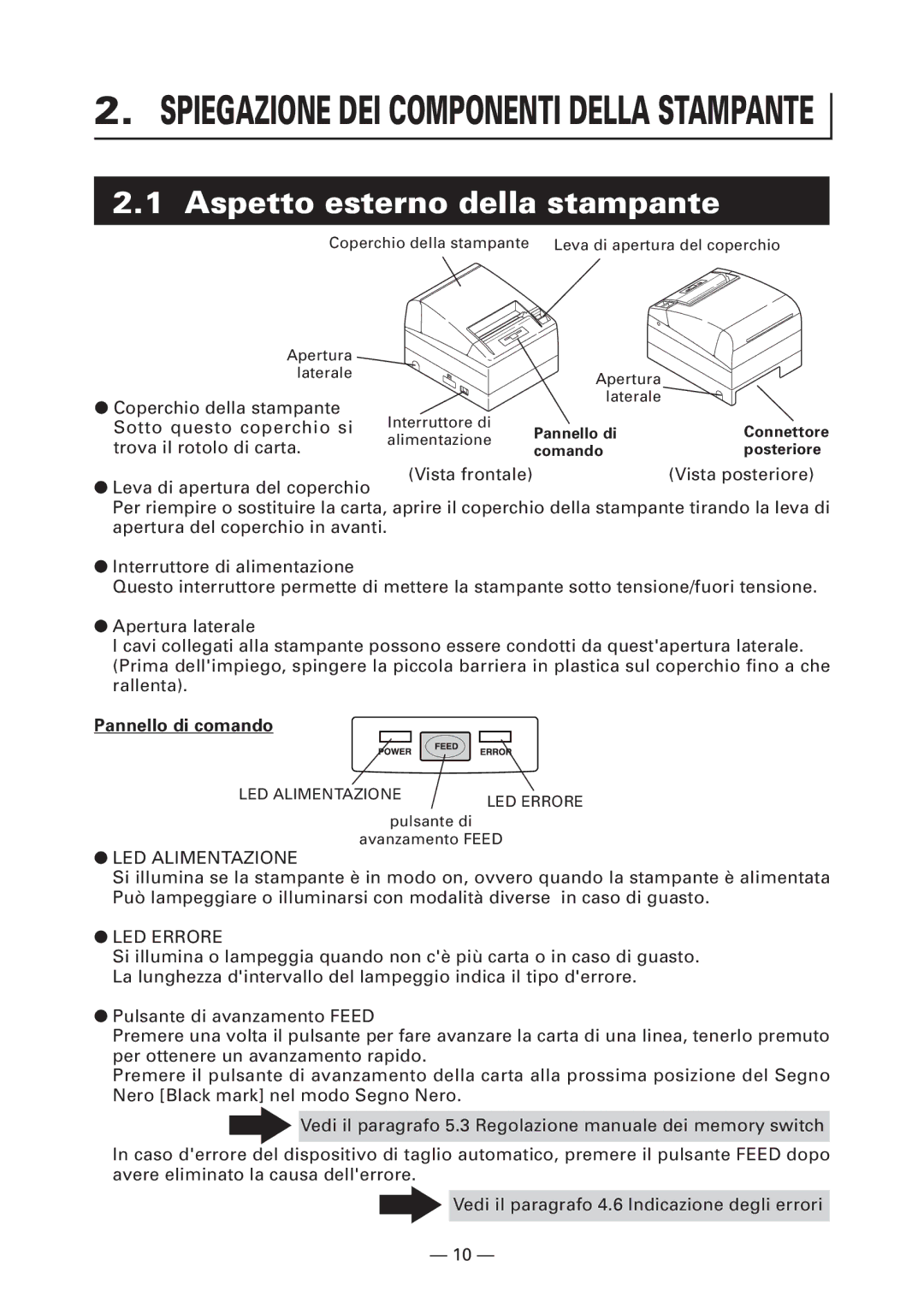 Citizen Systems CT-S4000DCL, CT-S4000L, CT-S4000M, CT-S4000DCM Aspetto esterno della stampante, Pannello di comando 