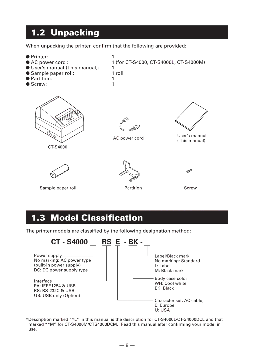 Citizen Systems CT-S4000DCM, CT-S4000L, CT-S4000M, CT-S4000DCL user manual Unpacking, Model Classification 