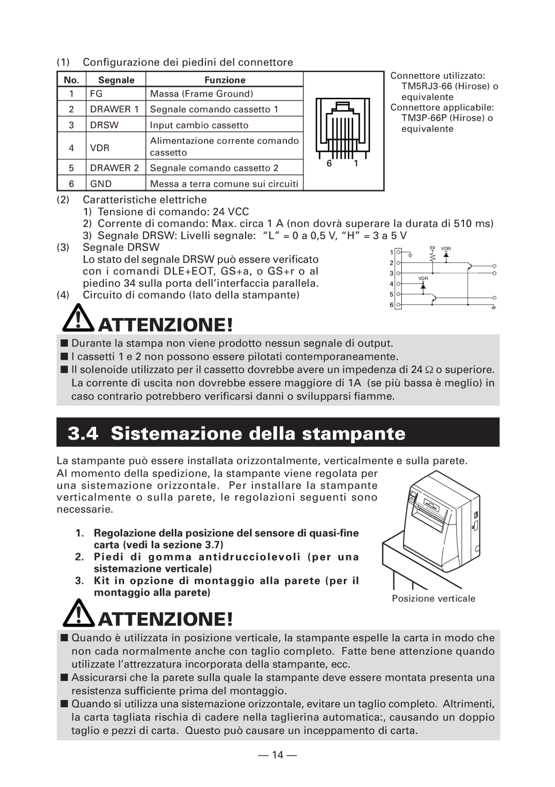 Citizen Systems CT-S4000M Sistemazione della stampante, Configurazione dei piedini del connettore, Segnale Funzione 