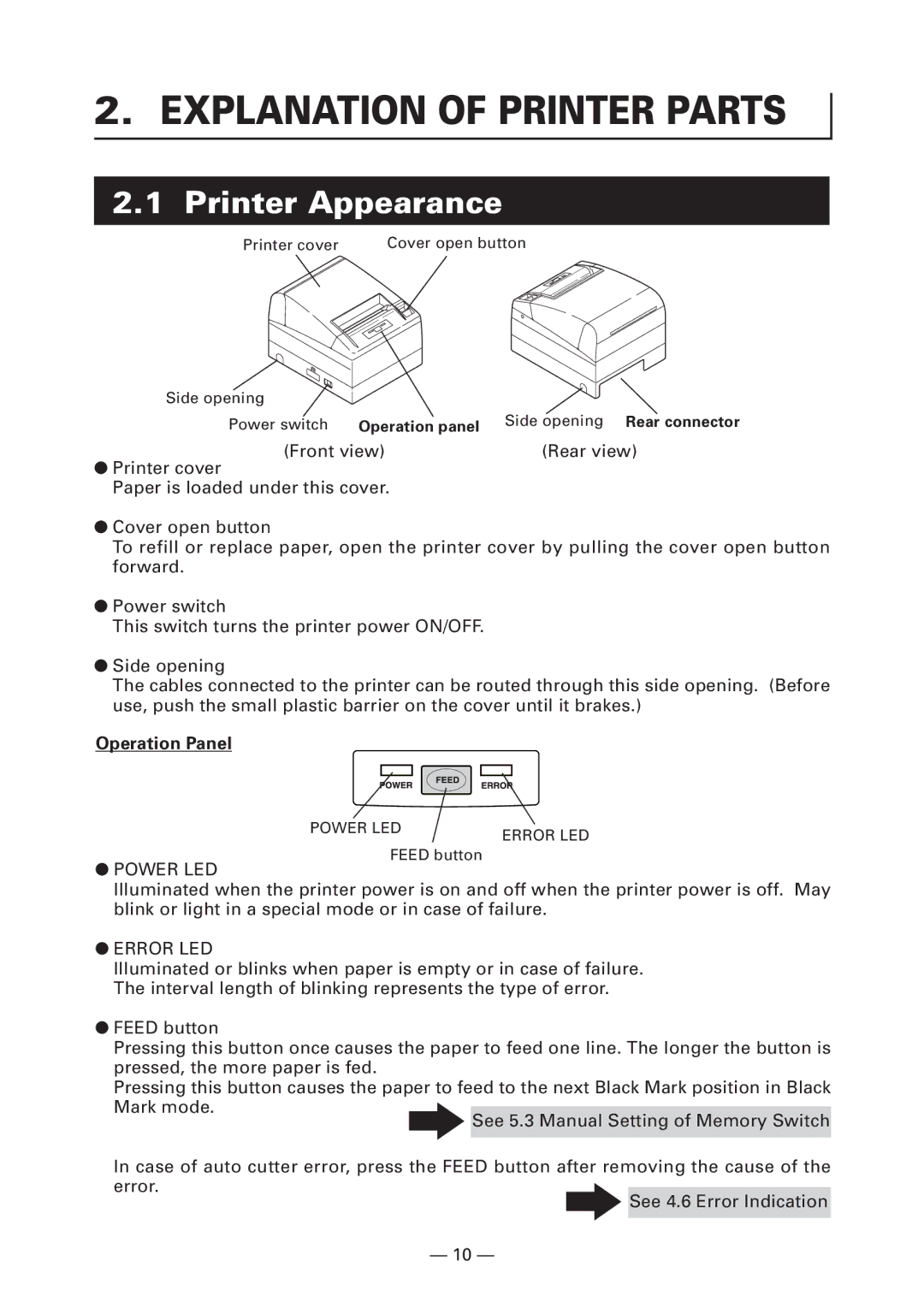 Citizen Systems CT-S4000L, CT-S4000M, CT-S4000DC Explanation of Printer Parts, Printer Appearance, Operation Panel 