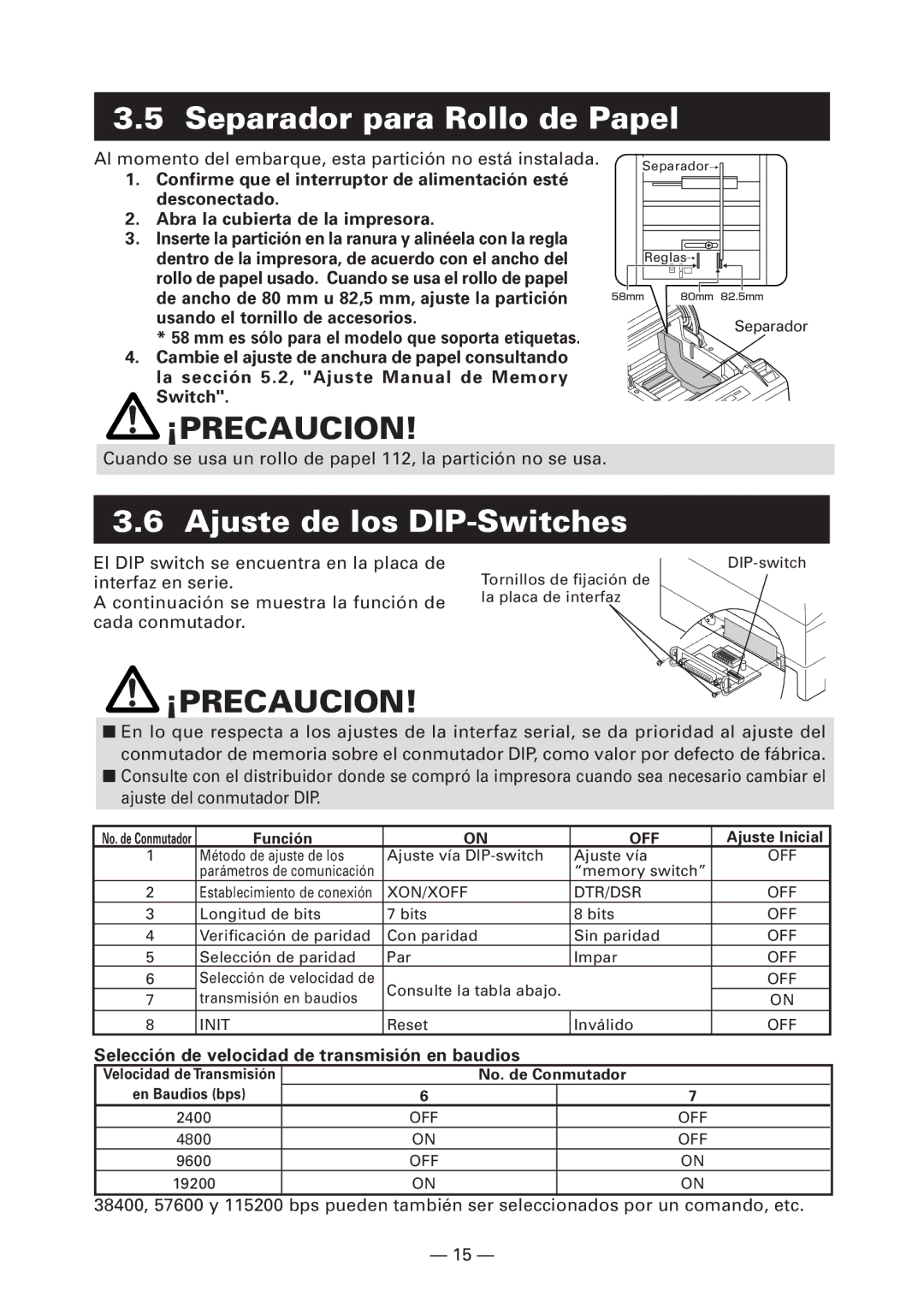 Citizen Systems CT-S4000DCL, CT-S4000L, CT-S4000M, CT-S4000DCM Separador para Rollo de Papel, Ajuste de los DIP-Switches 