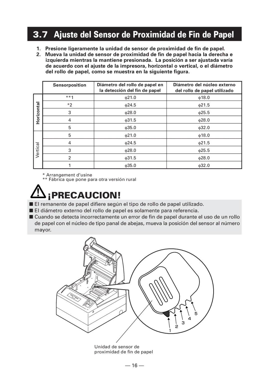 Citizen Systems CT-S4000DCM, CT-S4000L, CT-S4000M, CT-S4000DCL user manual Ajuste del Sensor de Proximidad de Fin de Papel 