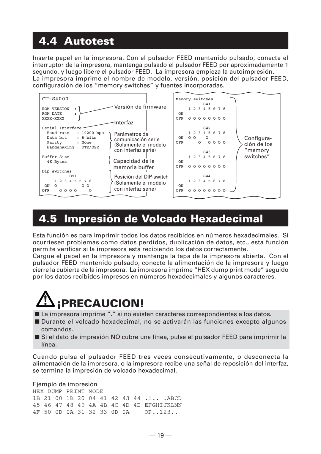 Citizen Systems CT-S4000M, CT-S4000L, CT-S4000DCL, CT-S4000DCM user manual Autotest, Impresión de Volcado Hexadecimal 