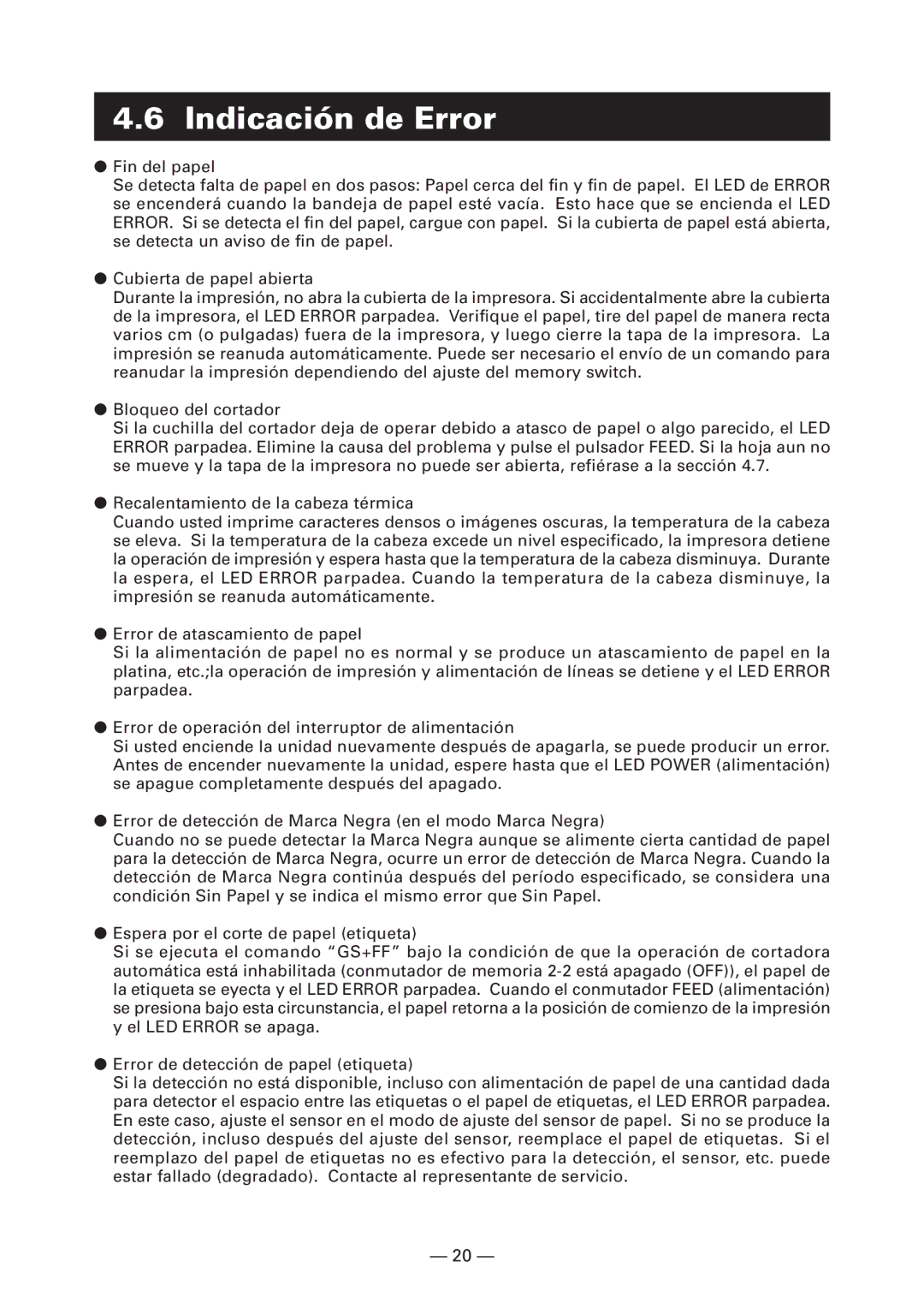 Citizen Systems CT-S4000L, CT-S4000M, CT-S4000DCL, CT-S4000DCM user manual Indicación de Error 