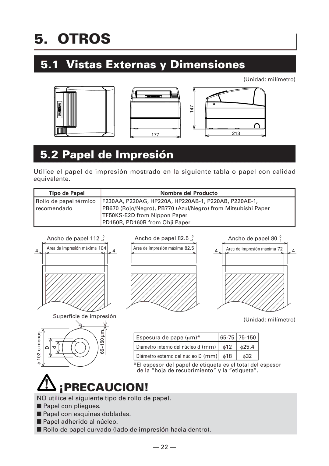 Citizen Systems CT-S4000DCM Otros, Vistas Externas y Dimensiones, Papel de Impresión, Tipo de Papel Nombre del Producto 