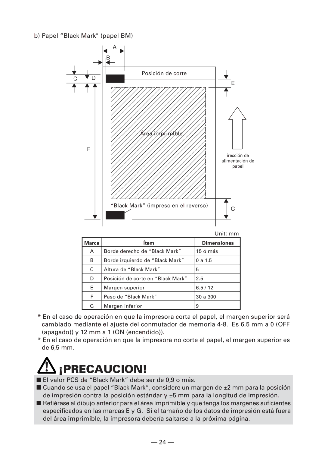 Citizen Systems CT-S4000L, CT-S4000M, CT-S4000DCL, CT-S4000DCM Papel Black Mark papel BM, Marca Ítem Dimensiones 