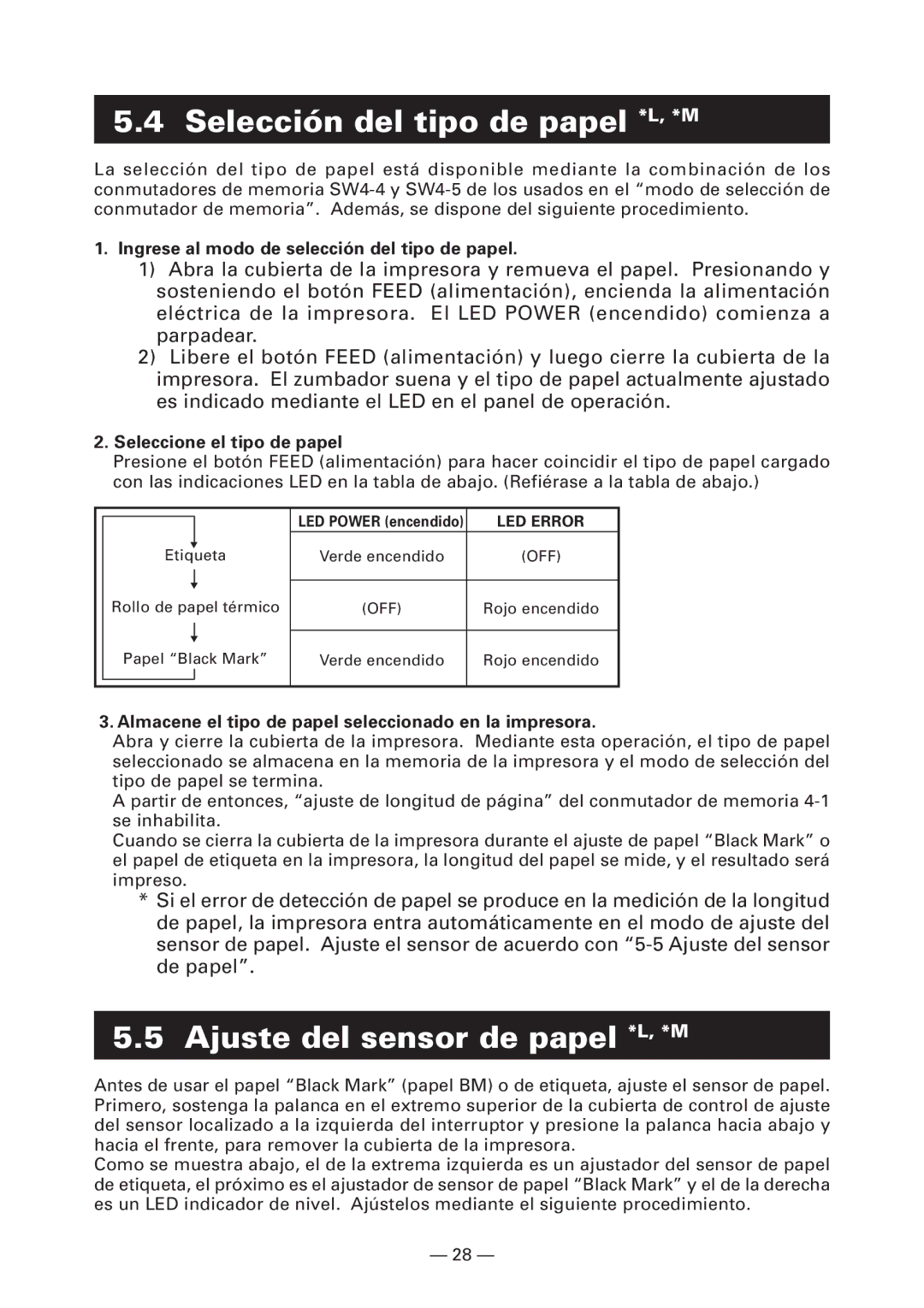 Citizen Systems CT-S4000DCM, CT-S4000L, CT-S4000M Selección del tipo de papel *L, *M, Ajuste del sensor de papel *L, *M 