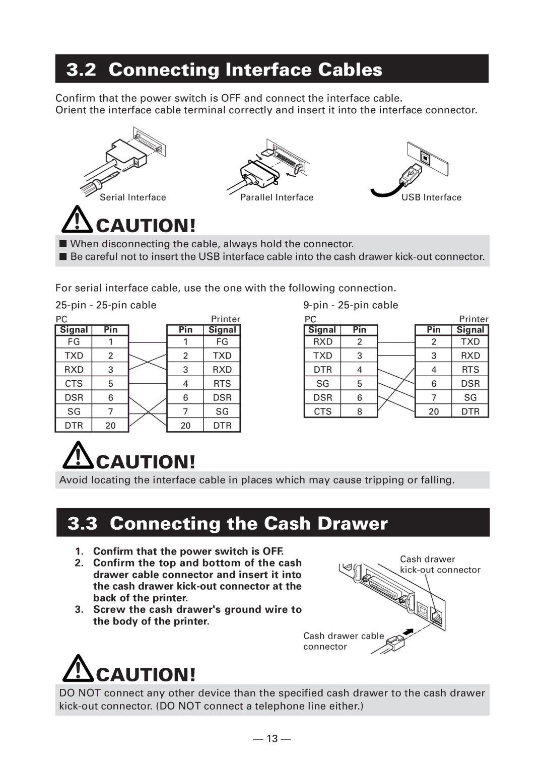 Citizen Systems CT-S4000DCL Connecting Interface Cables, Connecting the Cash Drawer, Signal Pin, Printer, Pin Signal 