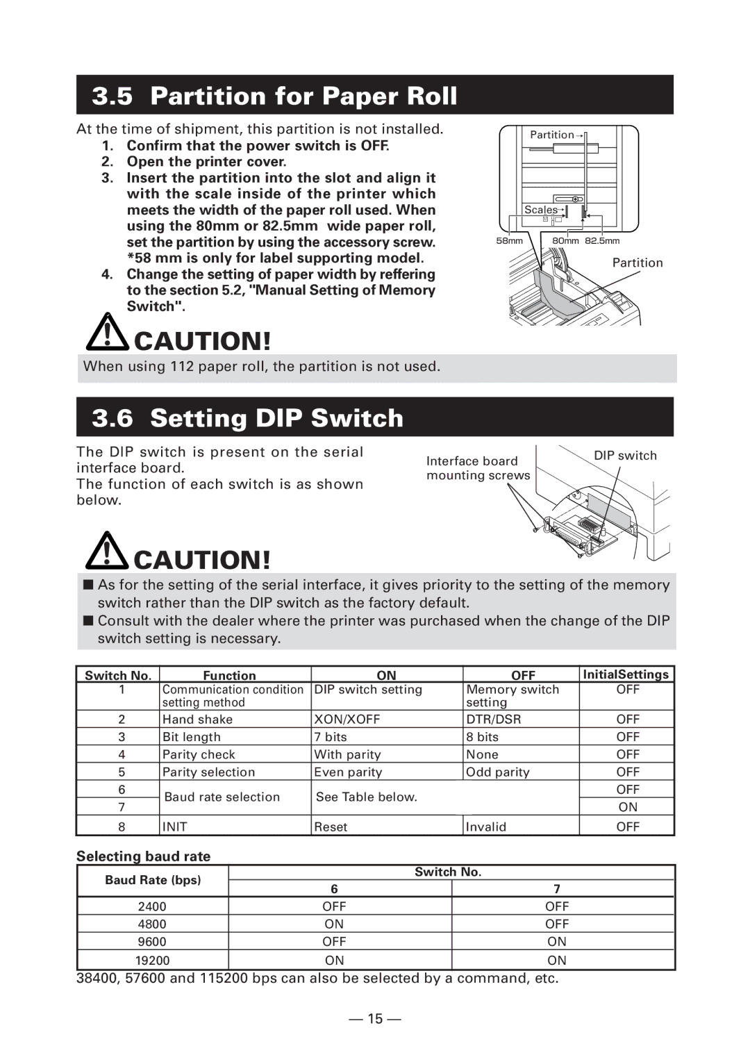 Citizen Systems CT-S4000L, CT-S4000M, CT-S4000DCL, CT-S4000DCM user manual Partition for Paper Roll, Setting DIP Switch 