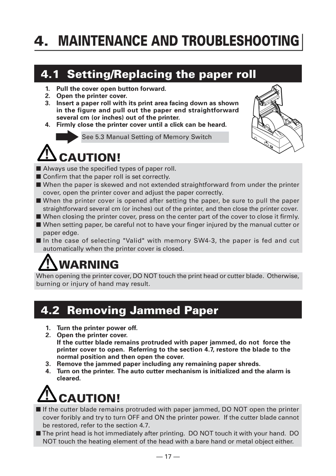 Citizen Systems CT-S4000M, CT-S4000L, CT-S4000DCL, CT-S4000DCM Setting/Replacing the paper roll, Removing Jammed Paper 