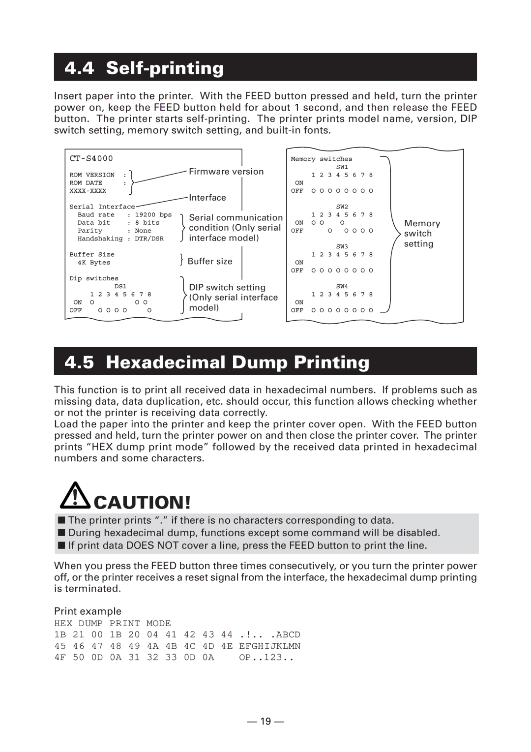 Citizen Systems CT-S4000DCL, CT-S4000L, CT-S4000M, CT-S4000DCM user manual Self-printing, Hexadecimal Dump Printing 