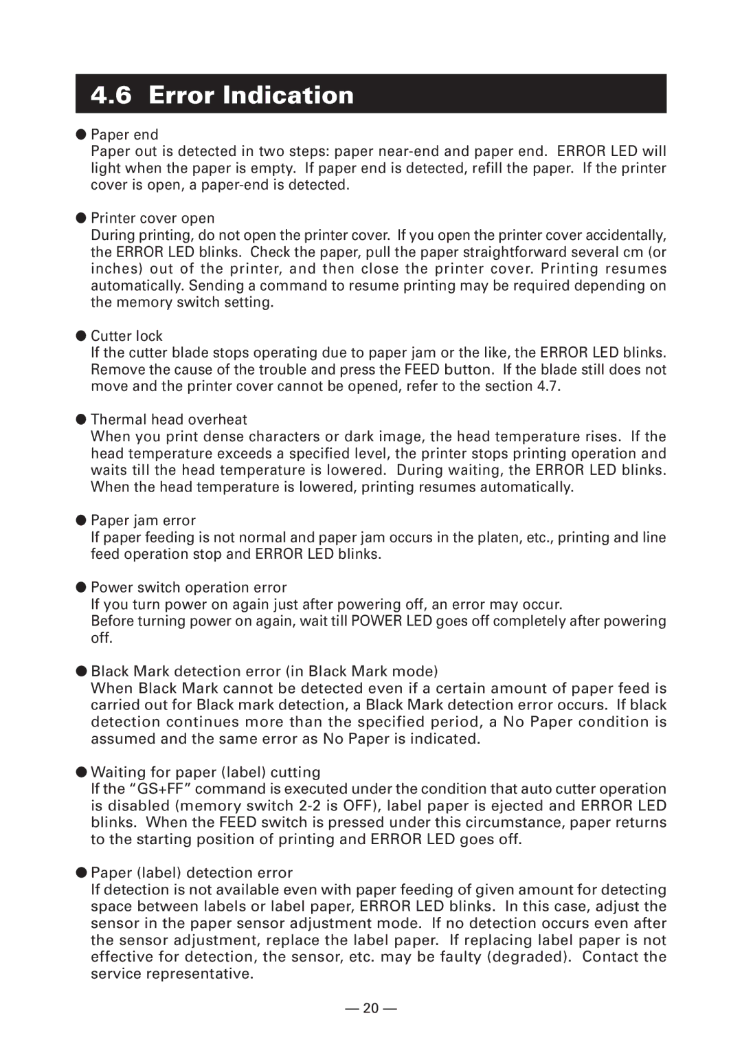 Citizen Systems CT-S4000DCM, CT-S4000L, CT-S4000M, CT-S4000DCL user manual Error Indication 