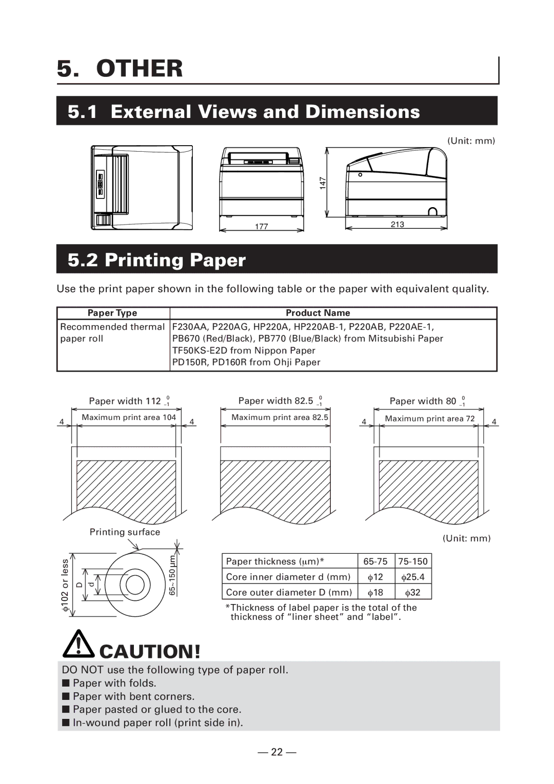 Citizen Systems CT-S4000L, CT-S4000M Other, External Views and Dimensions, Printing Paper, Paper Type Product Name 