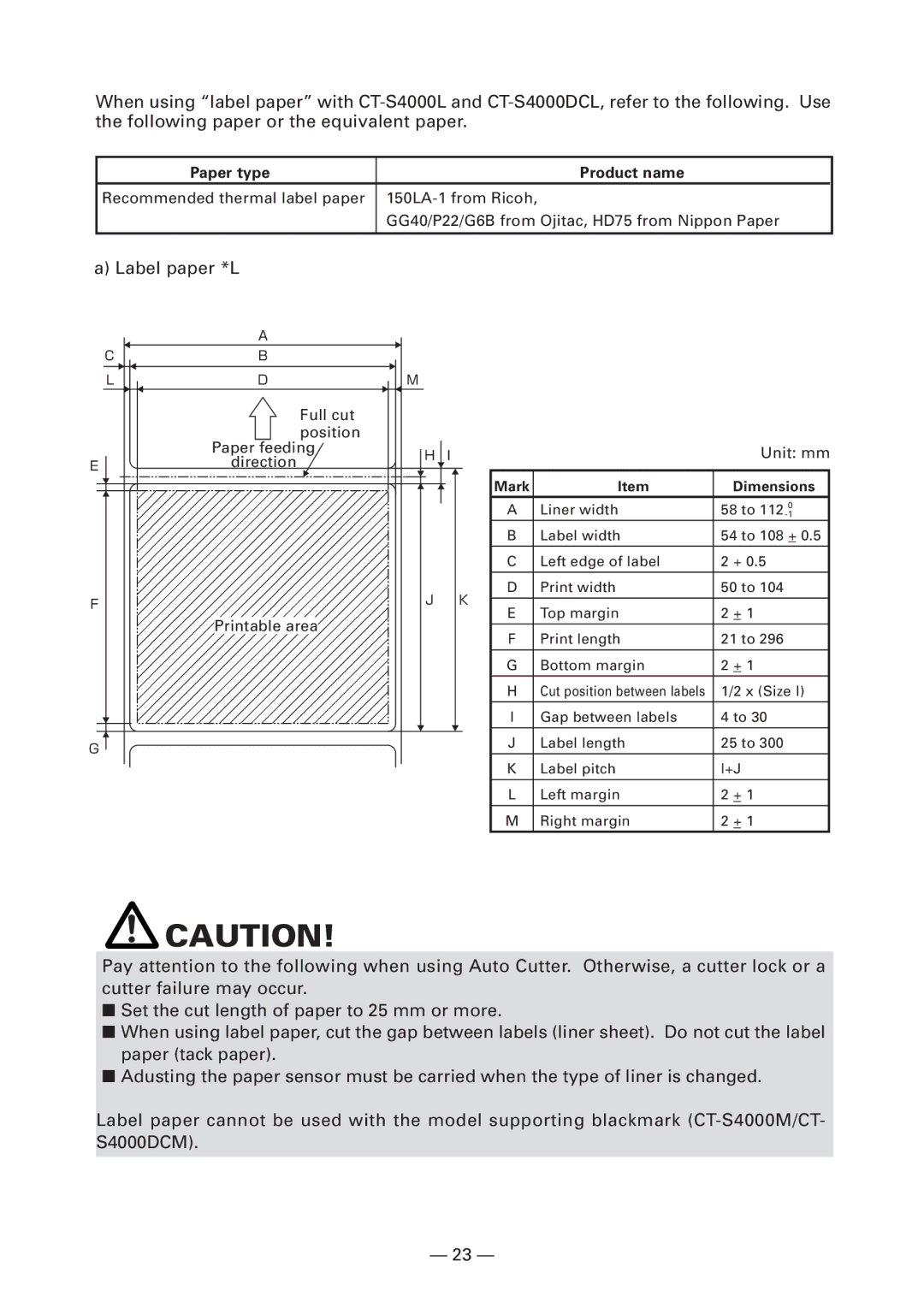 Citizen Systems CT-S4000M, CT-S4000L, CT-S4000DCL, CT-S4000DCM user manual Label paper *L, Mark Dimensions 