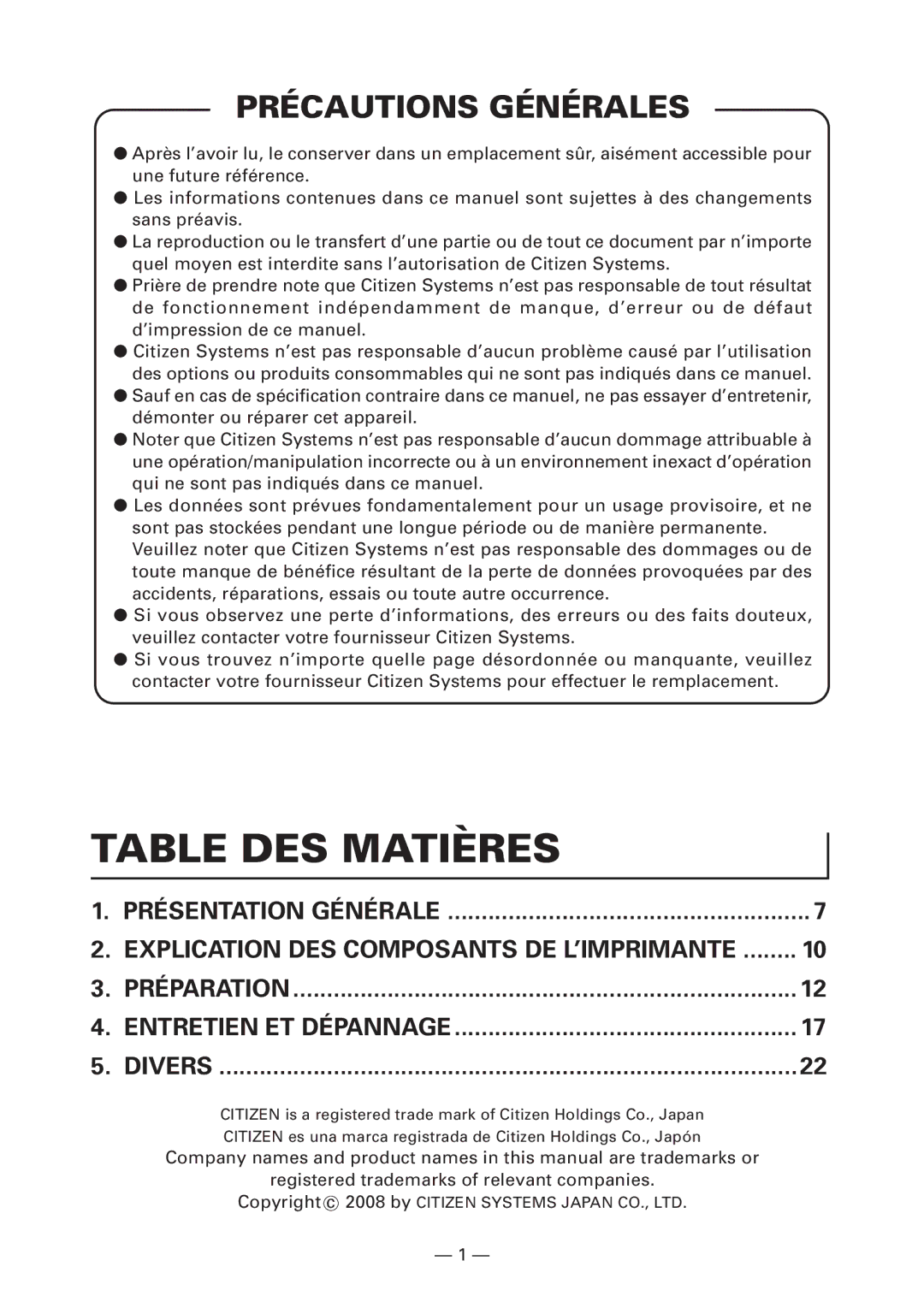 Citizen Systems CT-S4000DCM, CT-S4000L, CT-S4000M, CT-S4000DCL user manual Table DES Matières, Précautions Générales 