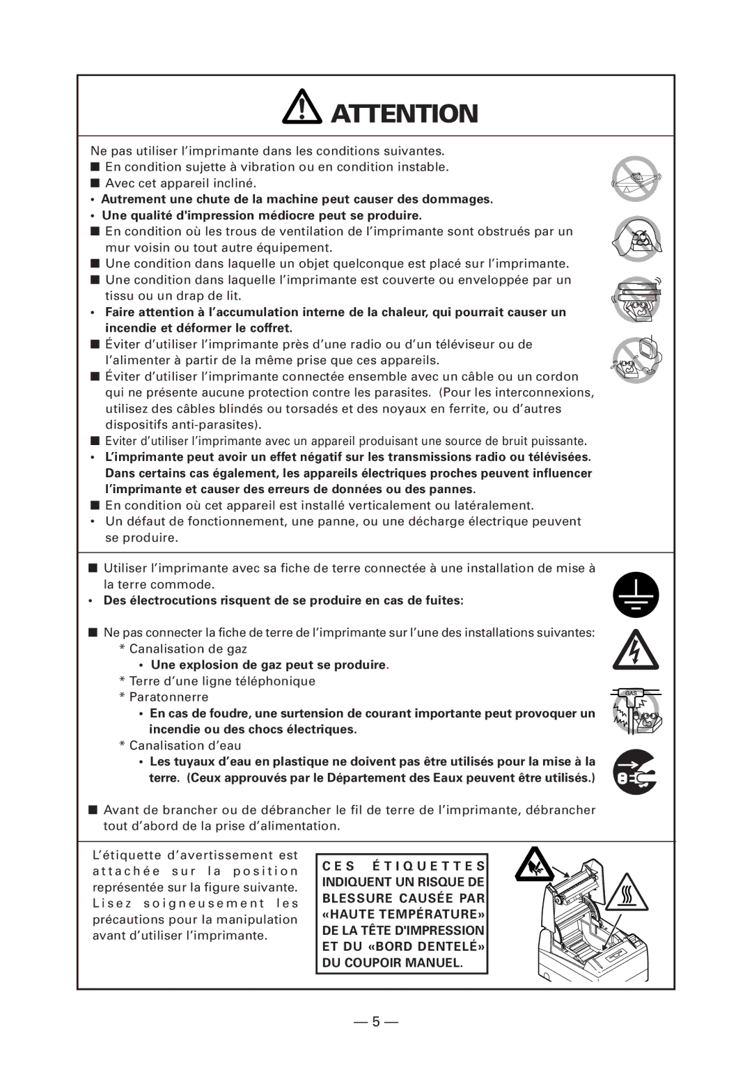 Citizen Systems CT-S4000L, CT-S4000M, CT-S4000DCL user manual Des électrocutions risquent de se produire en cas de fuites 