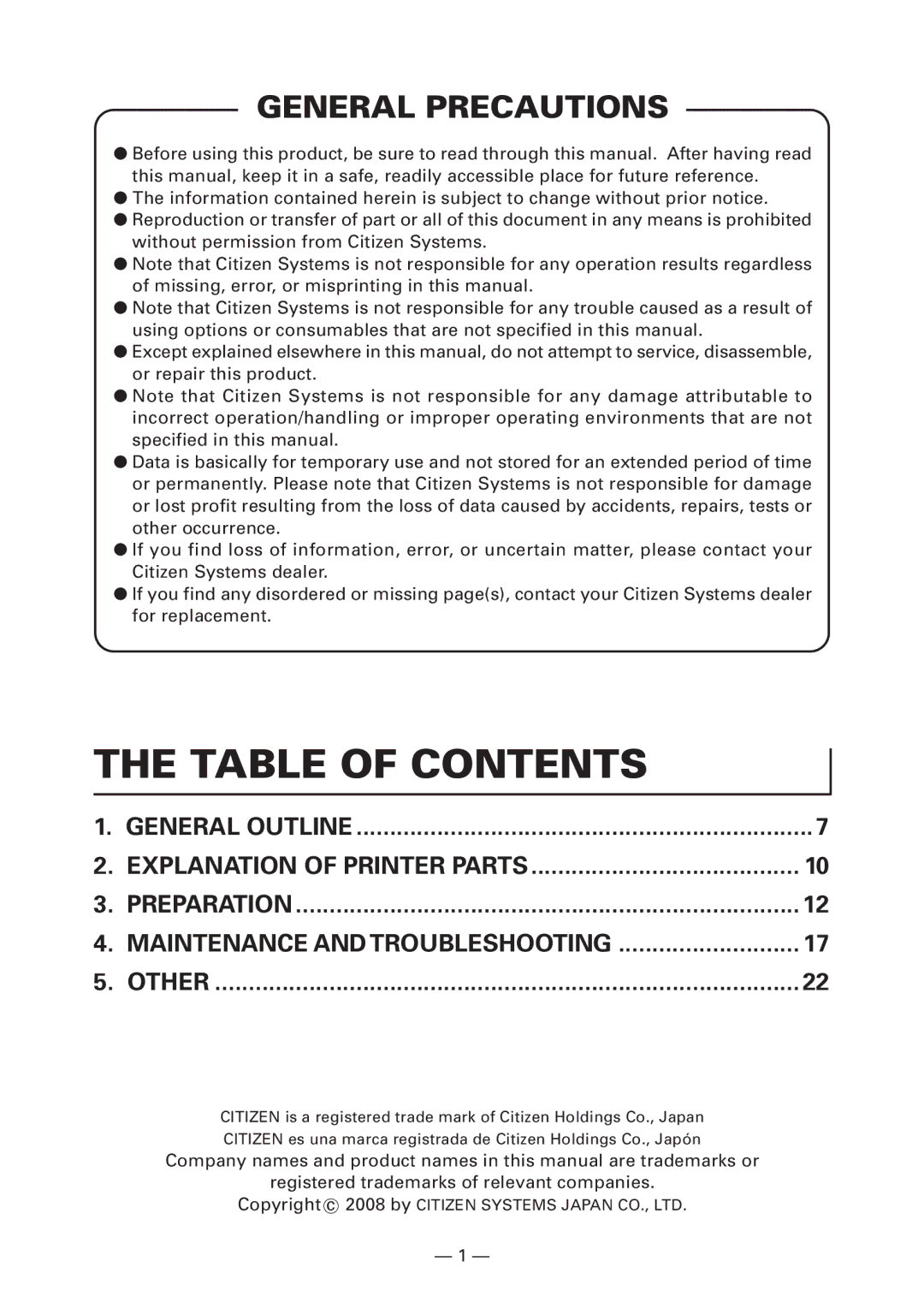 Citizen Systems CT-S4000DCL, CT-S4000L, CT-S4000M, CT-S4000DCM user manual Table of Contents 