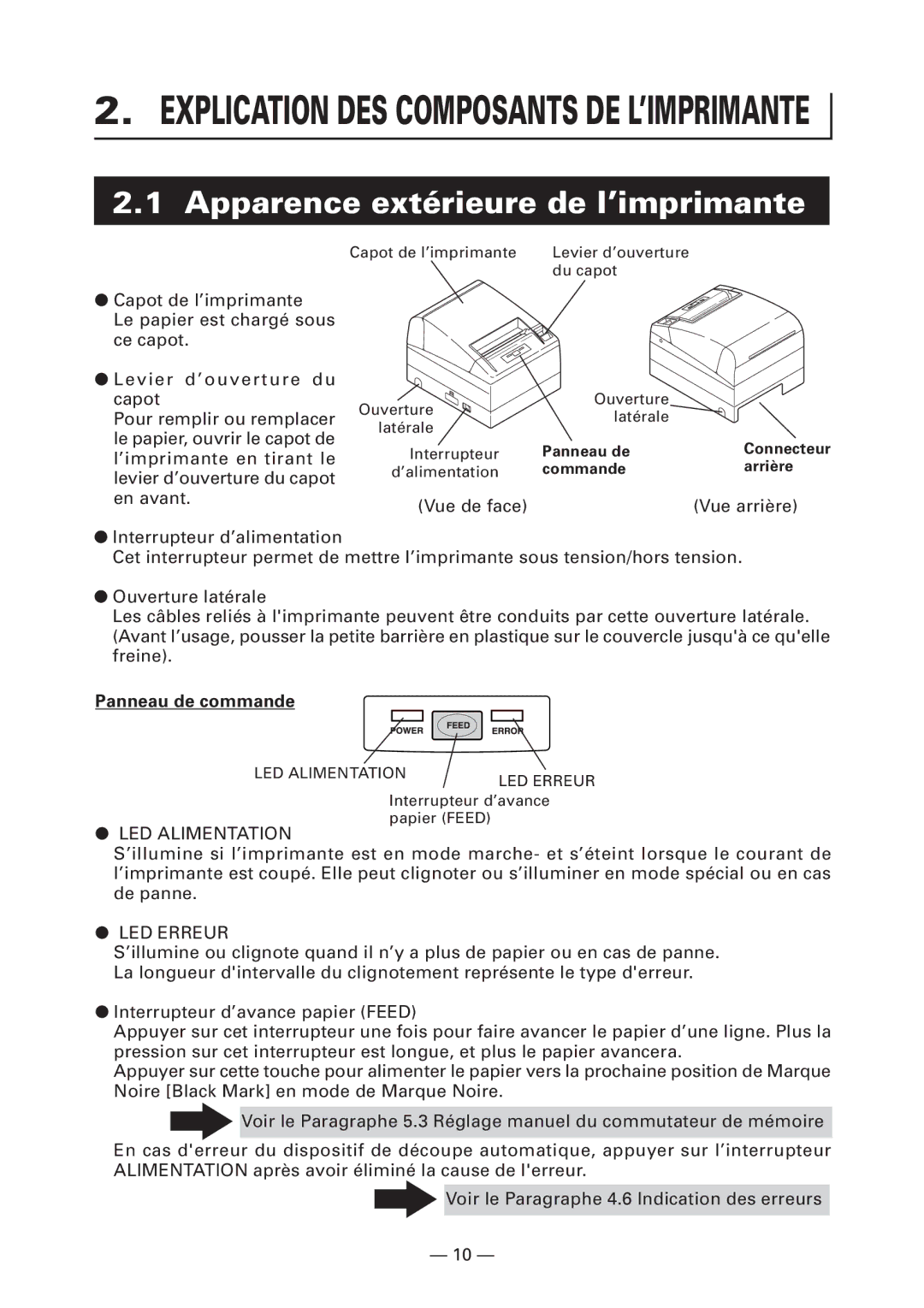 Citizen Systems CT-S4000M, CT-S4000L user manual Apparence extérieure de l’imprimante, Panneau de commande, Commande Arrière 