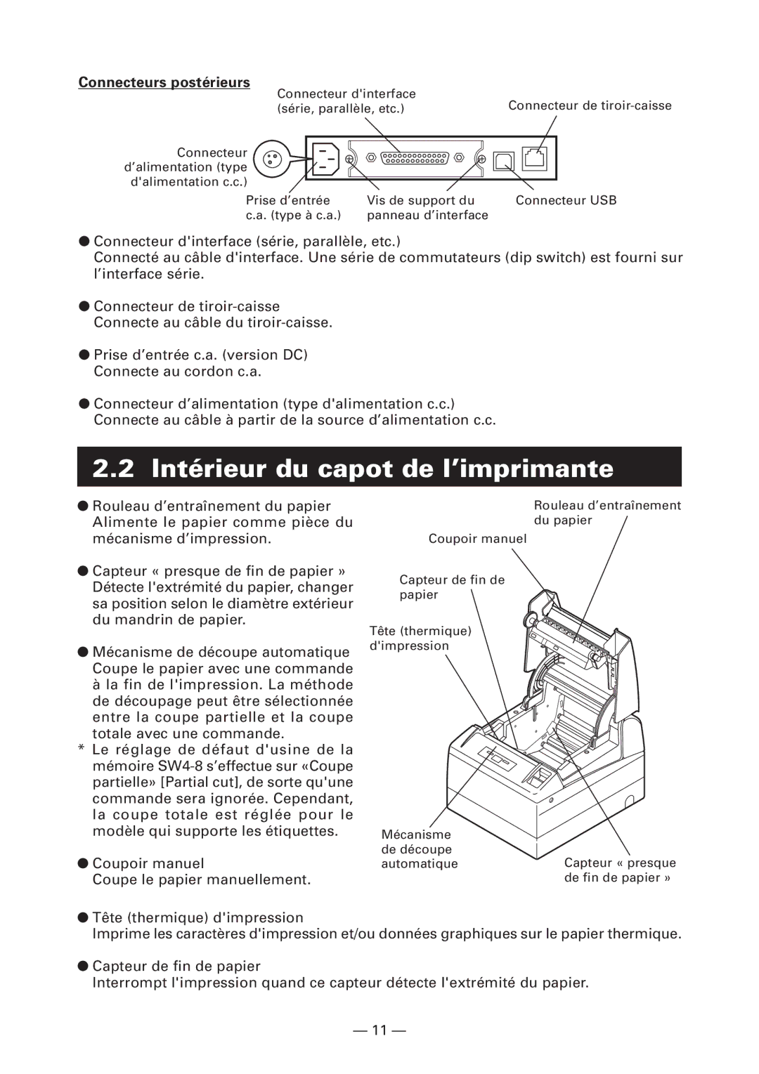 Citizen Systems CT-S4000L, CT-S4000M, CT-S4000DCL user manual Intérieur du capot de l’imprimante, Connecteurs postérieurs 