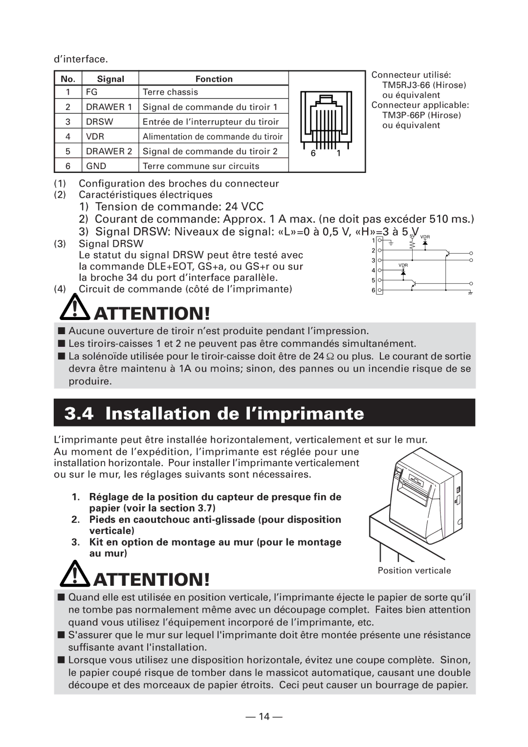 Citizen Systems CT-S4000L, CT-S4000M, CT-S4000DCL, CT-S4000DCM Installation de l’imprimante, ’interface, Signal Fonction 