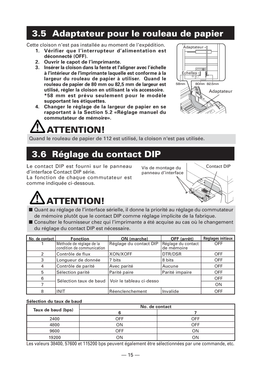 Citizen Systems CT-S4000 Adaptateur pour le rouleau de papier, Réglage du contact DIP, Fonction On marche OFF arrêt 