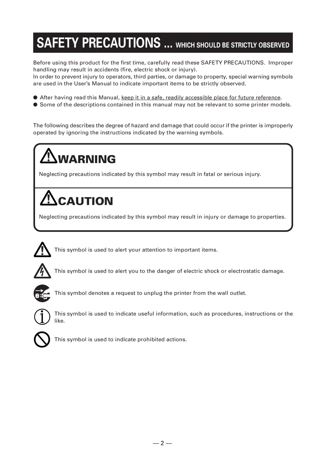 Citizen Systems CT-S4000DCM, CT-S4000L, CT-S4000M, CT-S4000DCL Safety Precautions ... Which should be Strictly Observed 