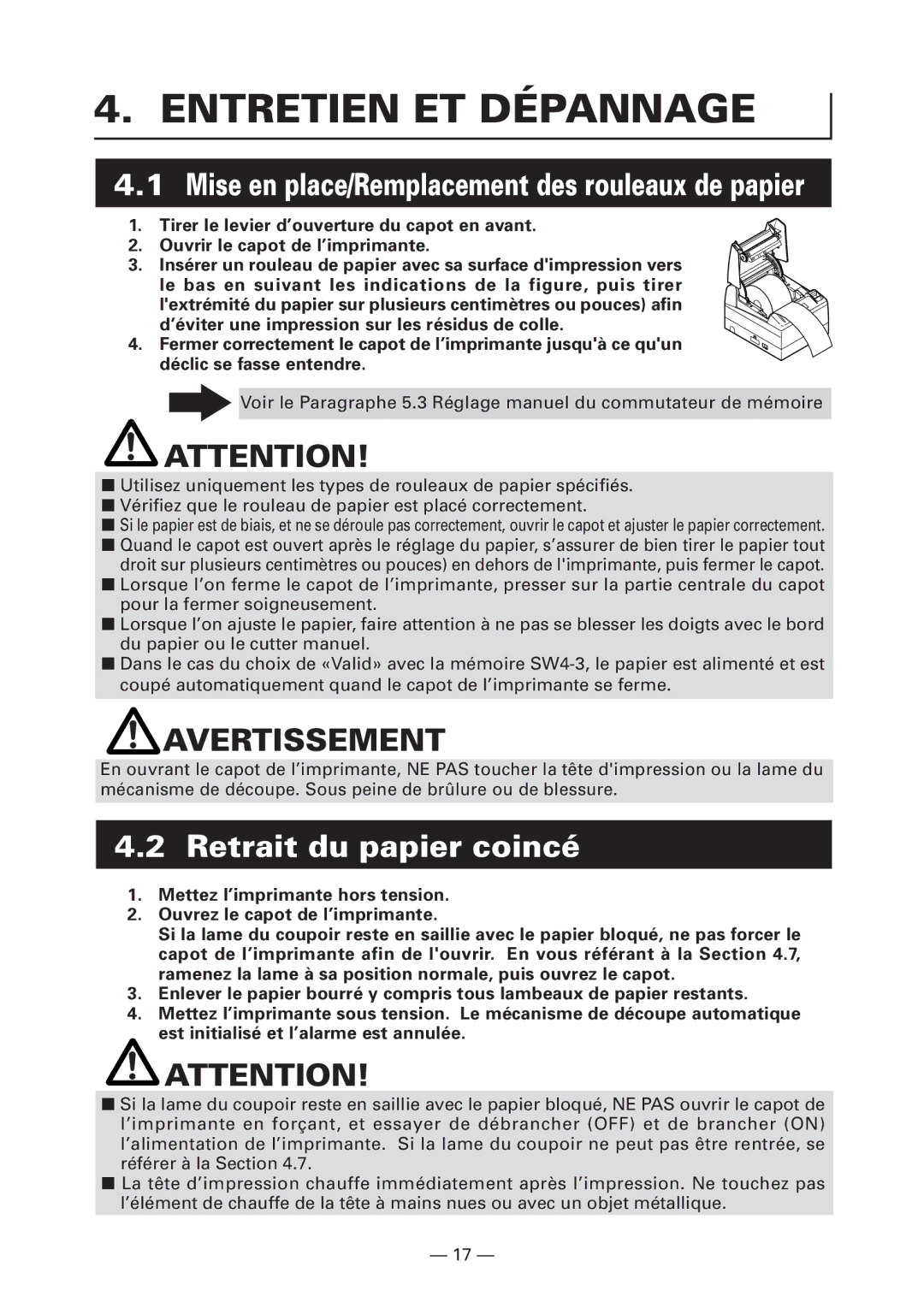 Citizen Systems CT-S4000L, CT-S4000M, CT-S4000DCL, CT-S4000DCM user manual Entretien ET Dépannage, Retrait du papier coincé 