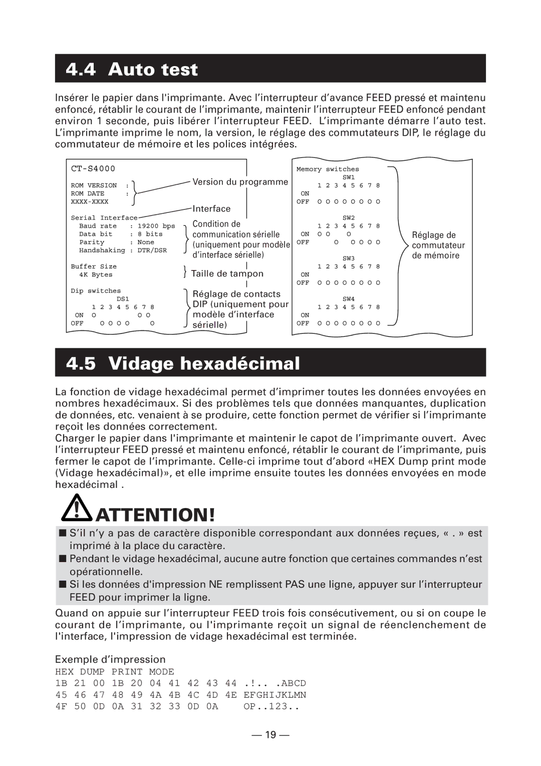 Citizen Systems CT-S4000DCM, CT-S4000L, CT-S4000M, CT-S4000DCL user manual Auto test, Vidage hexadécimal 