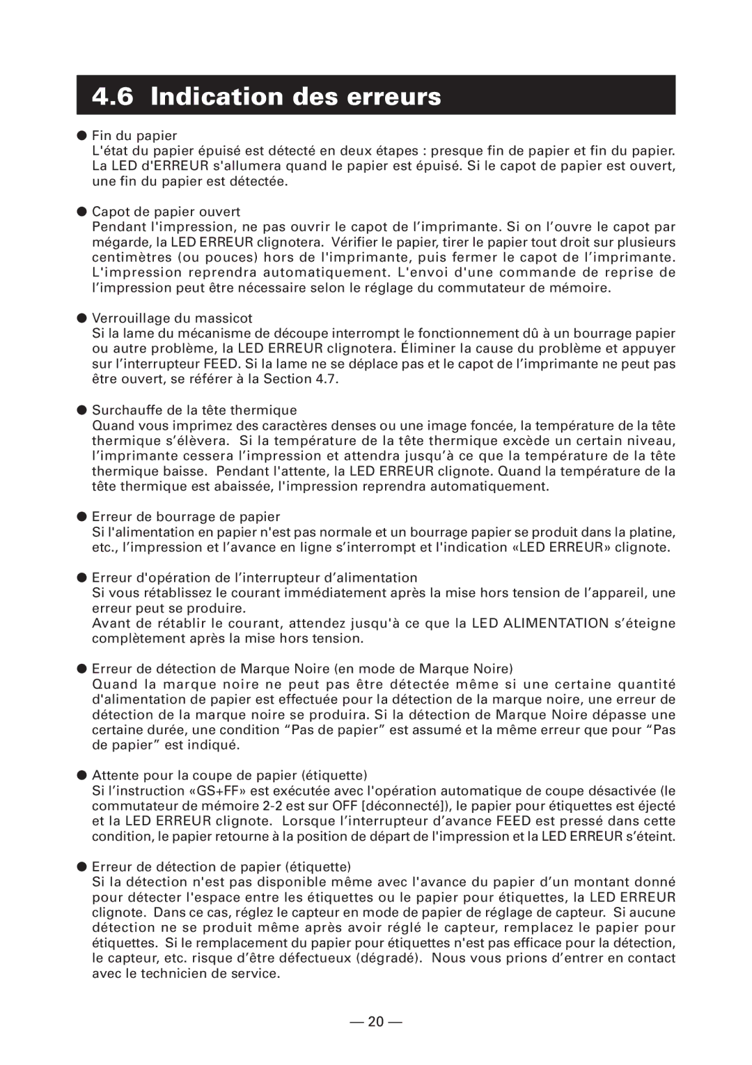 Citizen Systems CT-S4000L, CT-S4000M, CT-S4000DCL, CT-S4000DCM user manual Indication des erreurs 