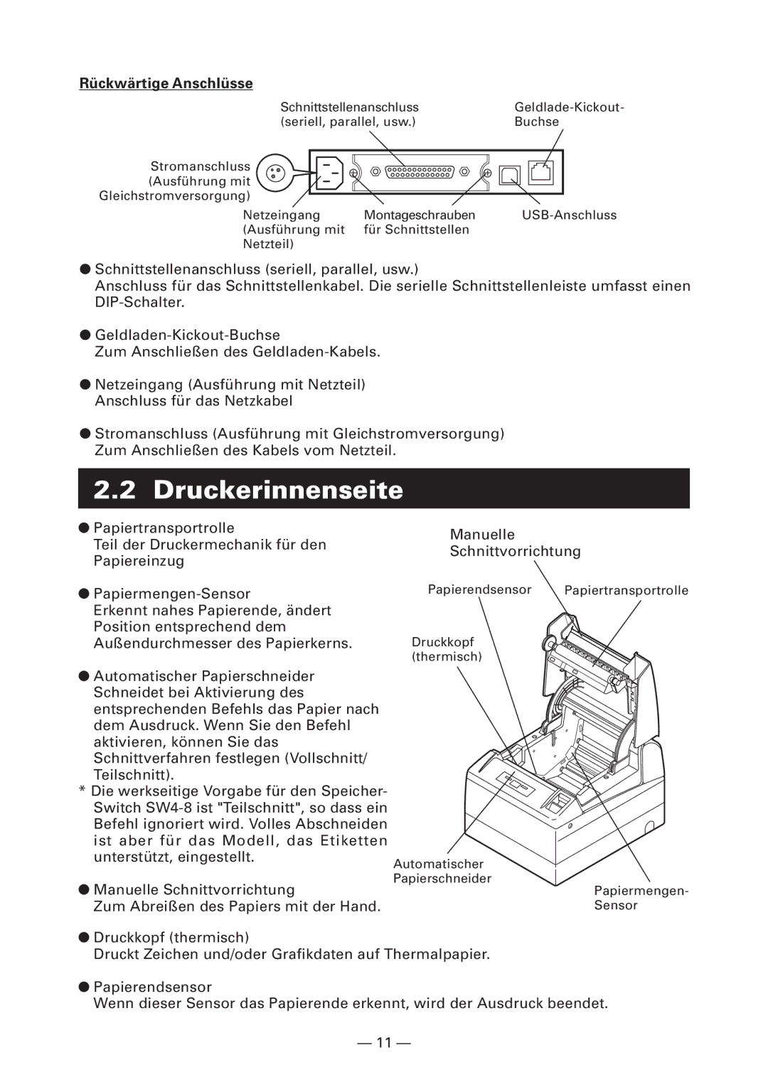 Citizen Systems CT-S4000DCL, CT-S4000L, CT-S4000M, CT-S4000DCM user manual Druckerinnenseite, Rückwärtige Anschlüsse 