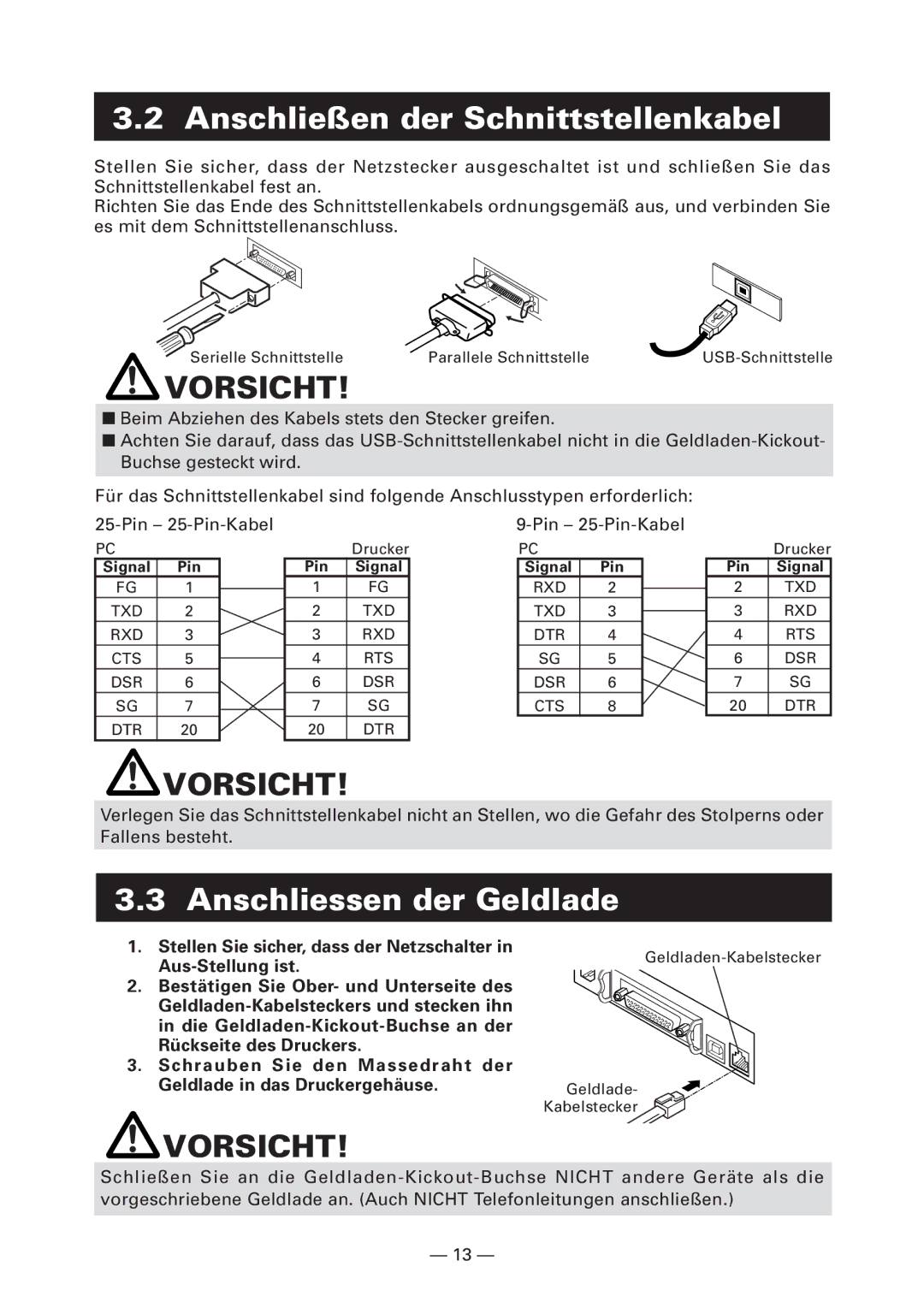 Citizen Systems CT-S4000L, CT-S4000M, CT-S4000DC Anschließen der Schnittstellenkabel, Anschliessen der Geldlade, Drucker 