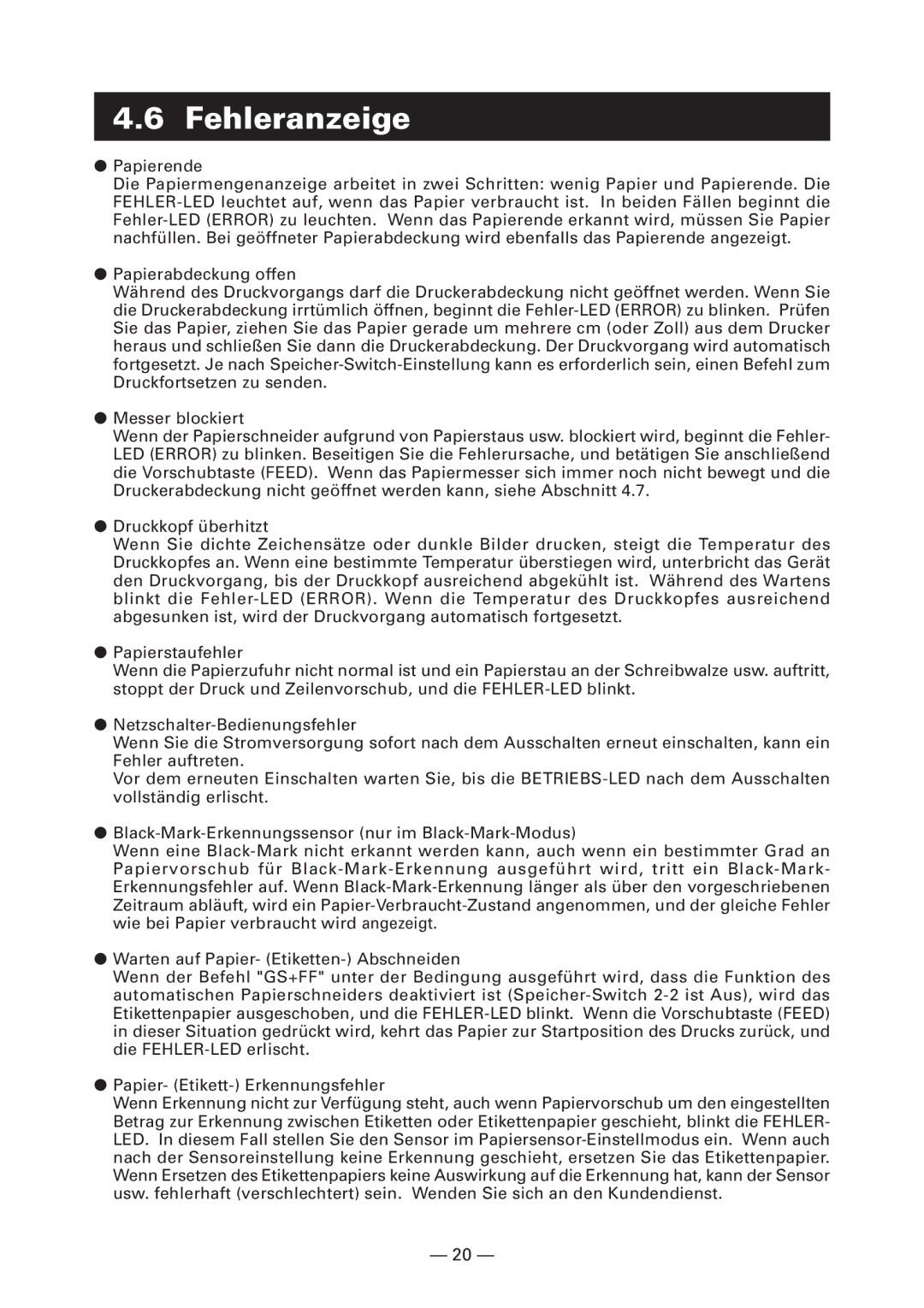 Citizen Systems CT-S4000L, CT-S4000M, CT-S4000DCL, CT-S4000DCM user manual Fehleranzeige 