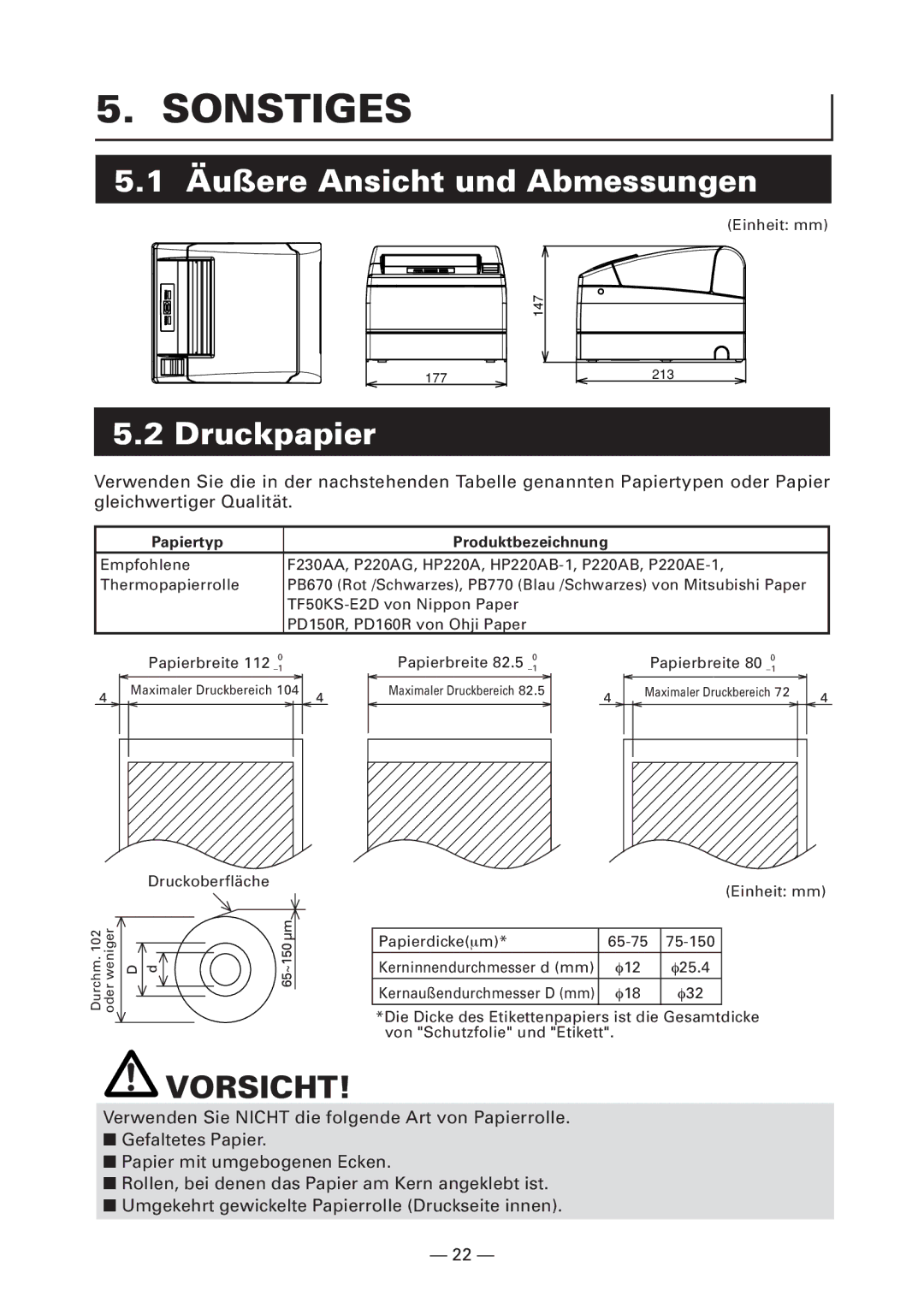 Citizen Systems CT-S4000DC, CT-S4000L Sonstiges, Äußere Ansicht und Abmessungen, Druckpapier, Papiertyp Produktbezeichnung 