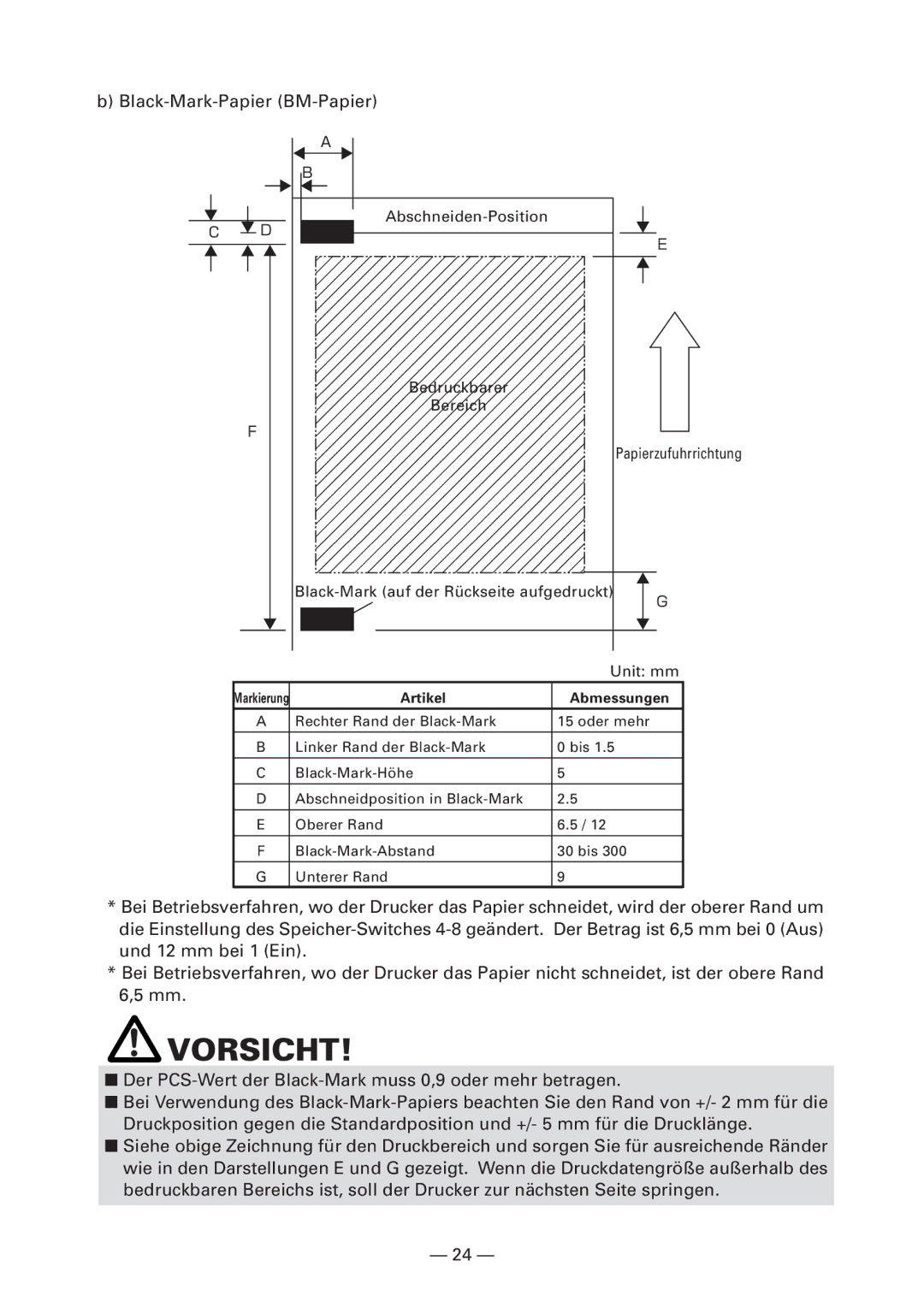 Citizen Systems CT-S4000DCM, CT-S4000L, CT-S4000M, CT-S4000DCL user manual Black-Mark-Papier BM-Papier 