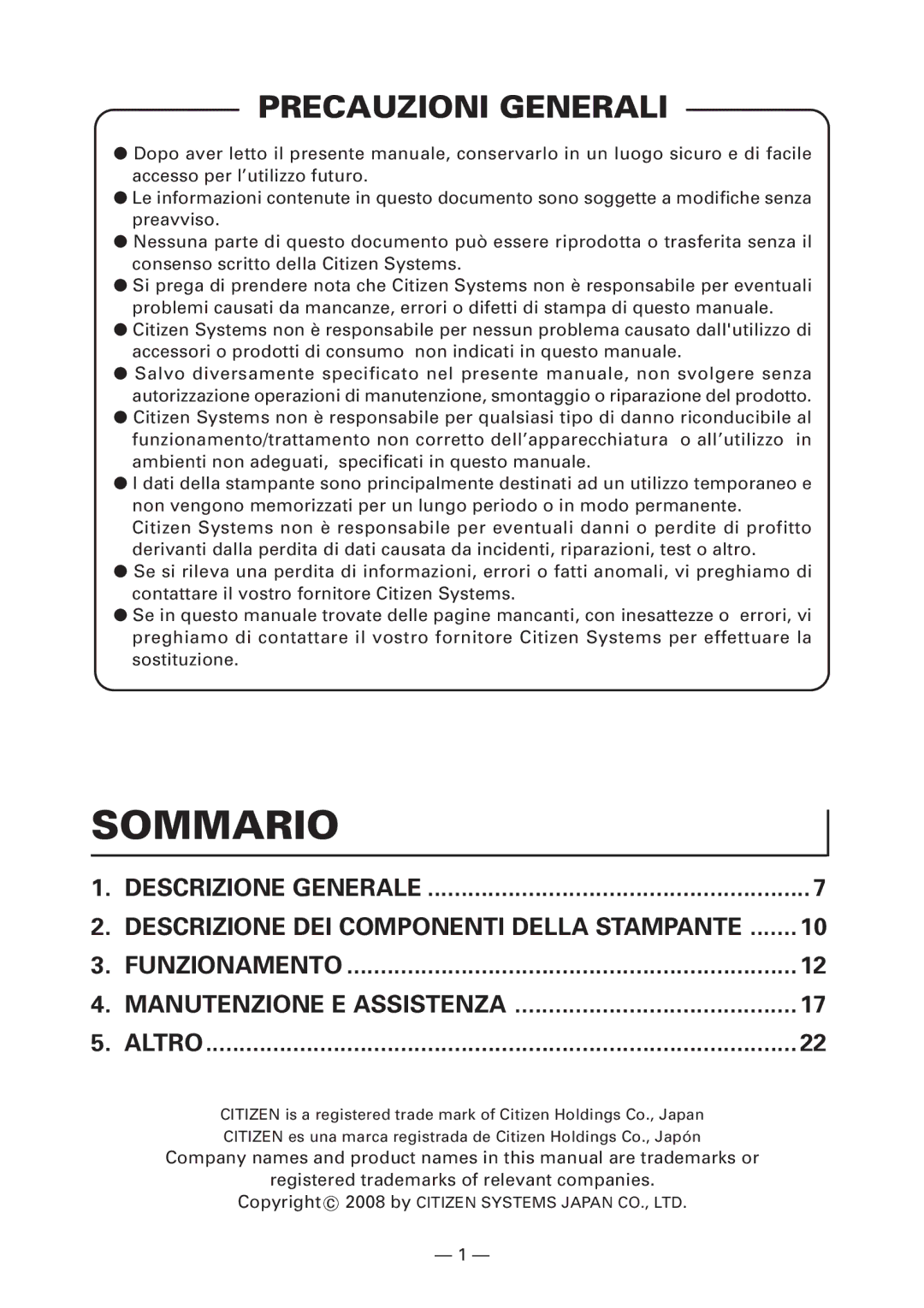 Citizen Systems CT-S4000L, CT-S4000M, CT-S4000DCL, CT-S4000DCM user manual Sommario, Precauzioni Generali 